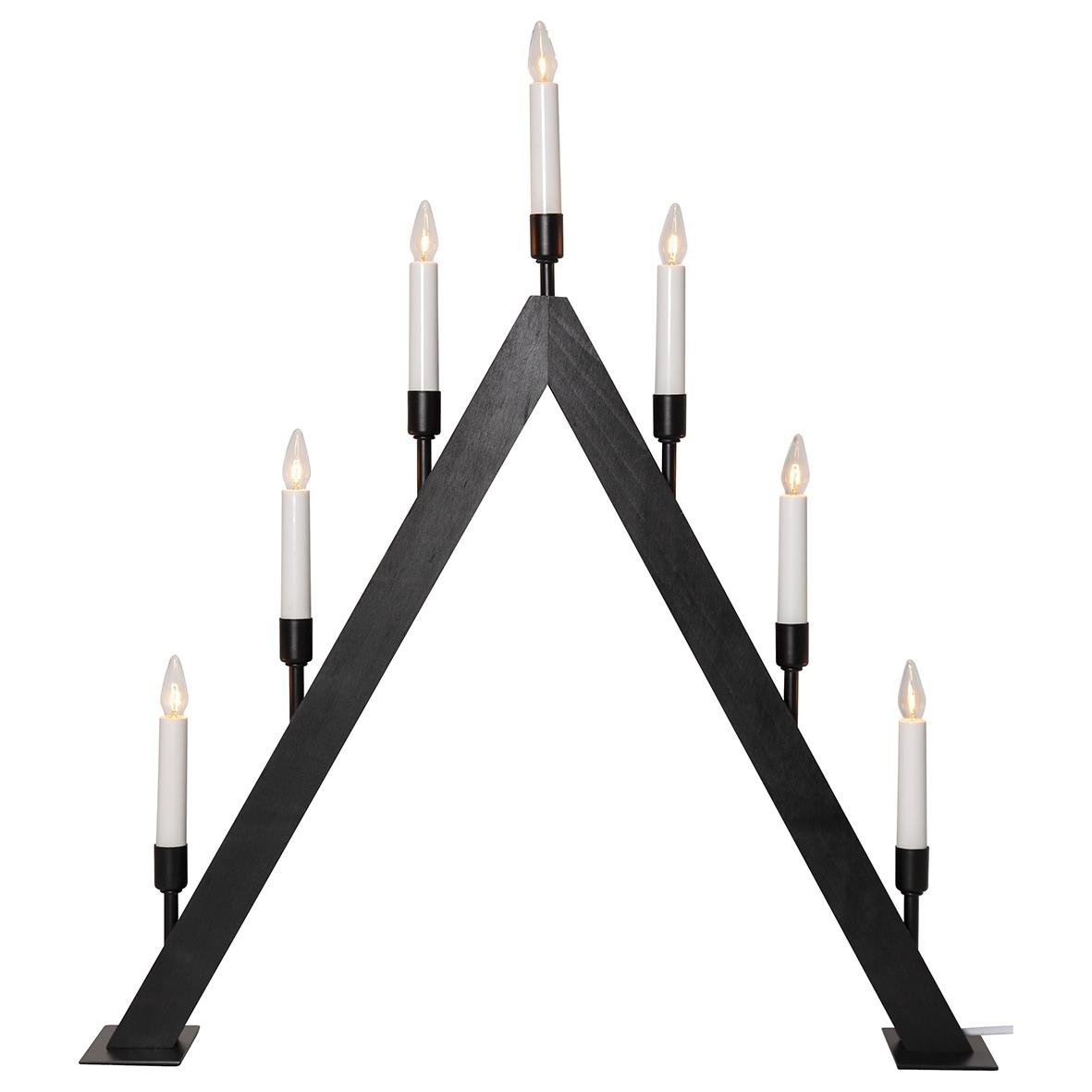 Svart ljusstake i form av ett triangulärt V med sju ljus, mått 55,5x63cm