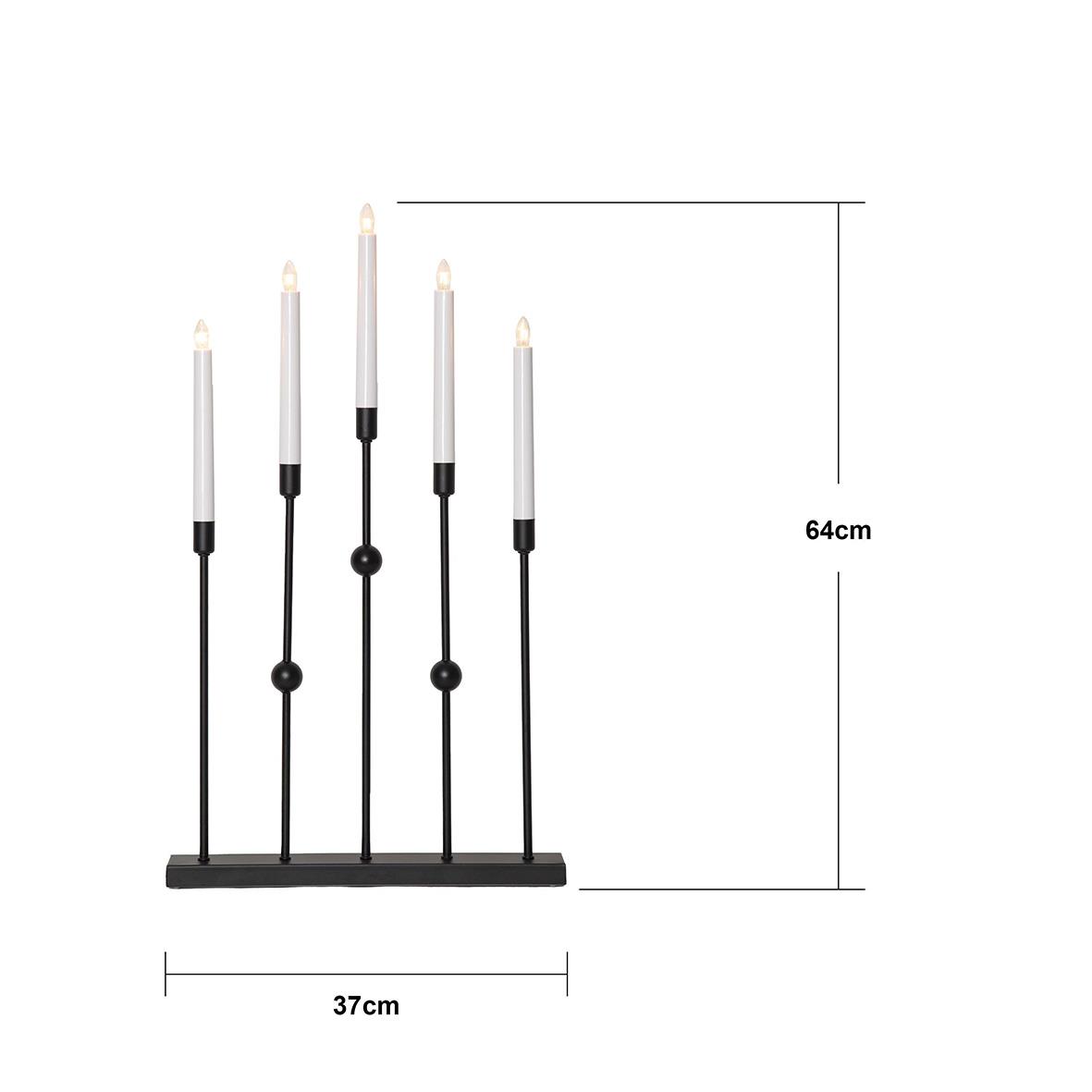 Svart ljusstake med 5 ljus i metall, höjd 64 cm och bredd 37 cm