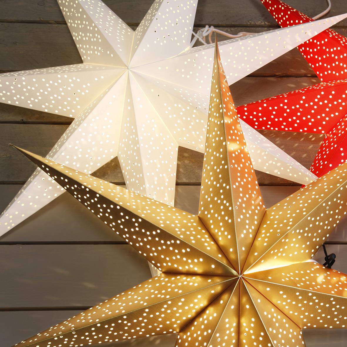 Julstjärna Dot Vit 70cm i vitt, guld och rött med perforerade mönster, dekoration för jul.