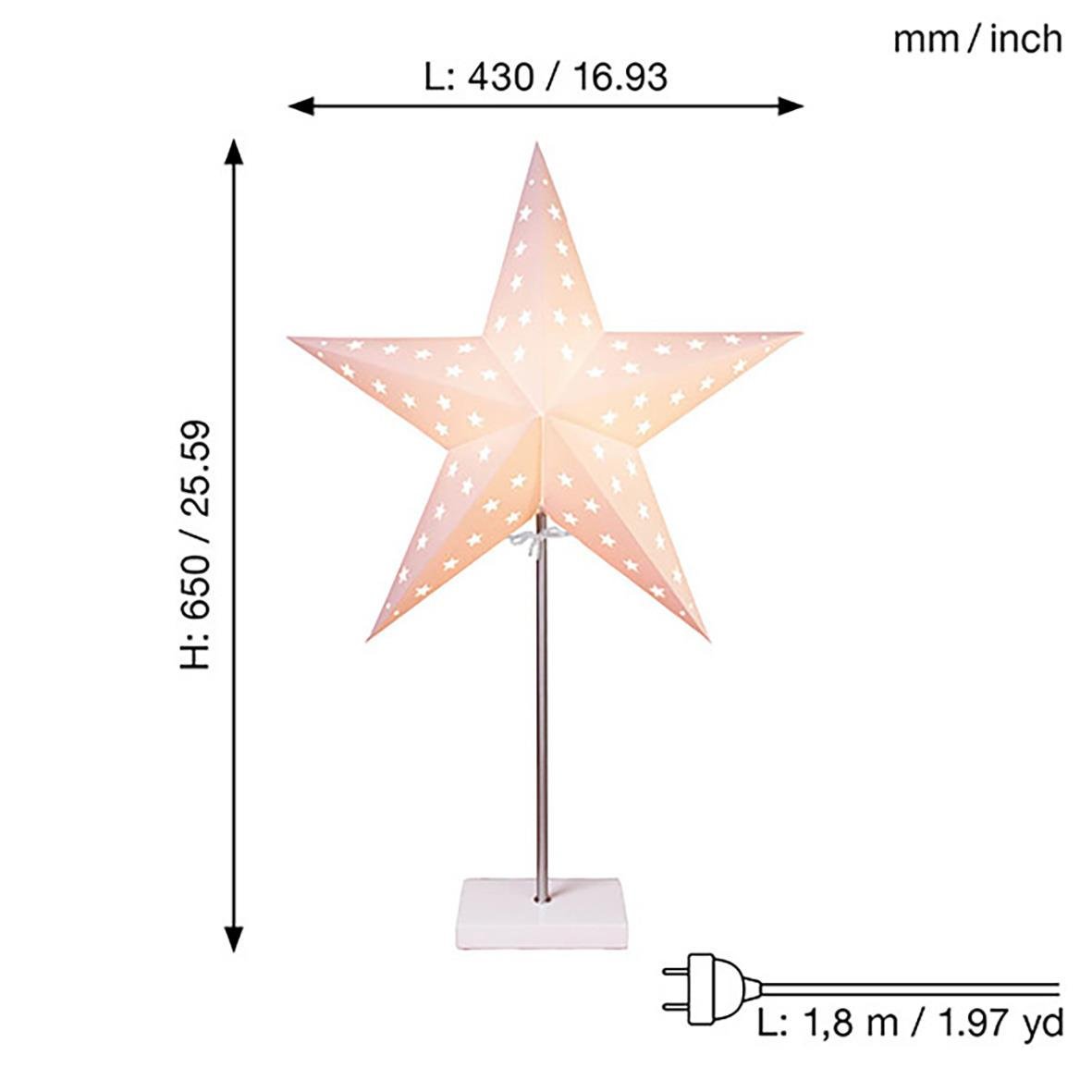 Ljusstjärna på fot med rosa och vita prickar, 65 cm hög och 43 cm bred, med elsladd på 1,8 meter