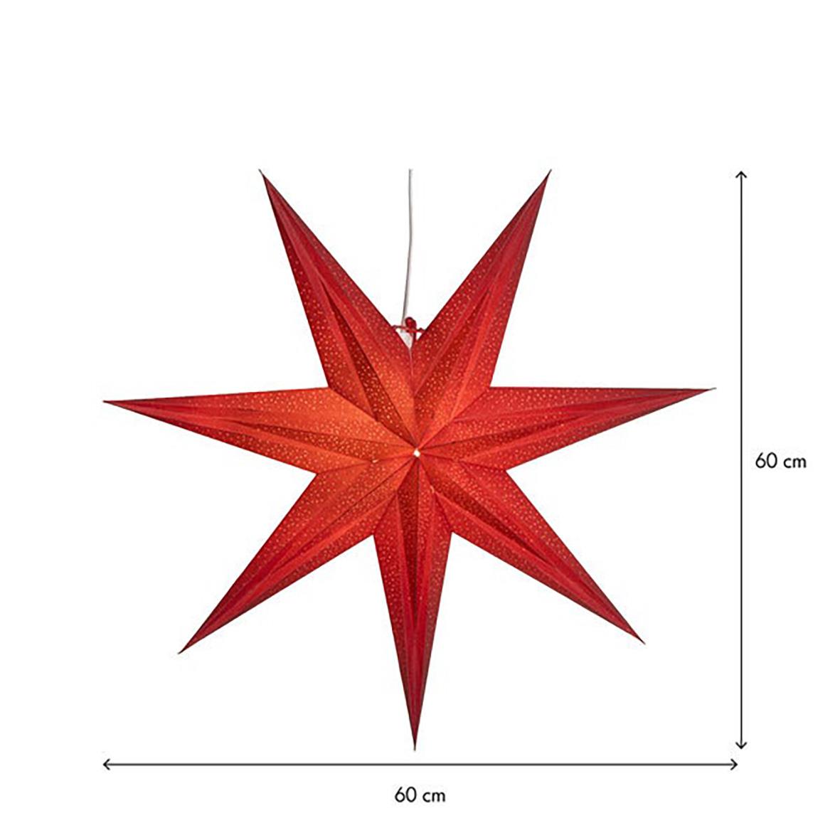 Röd julstjärna i papper med åtta spetsar, 60 cm stor, hängande mot vit bakgrund