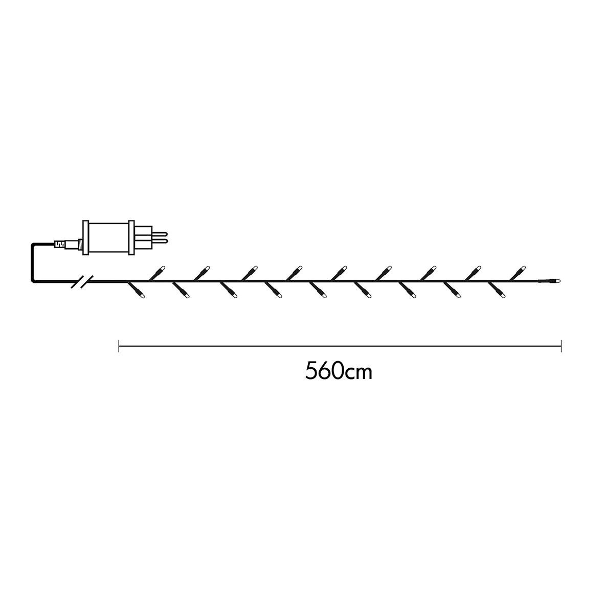 Ljuslina med 80 LED-lampor, 5,5 meter lång, kopplad till strömadapter