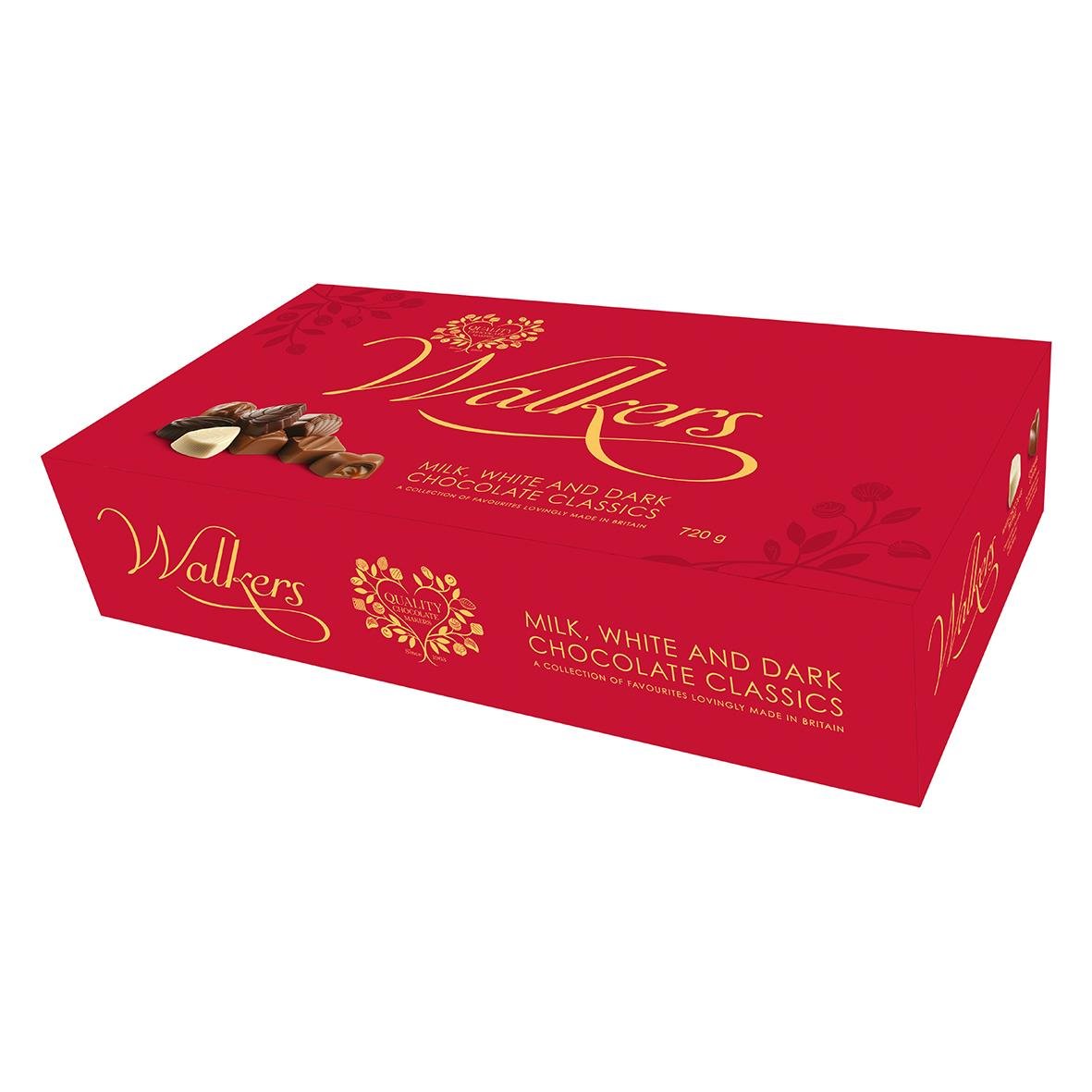 Röd låda med Walkers Choklad Collection 720g, innehåller mjölk, vit och mörk choklad