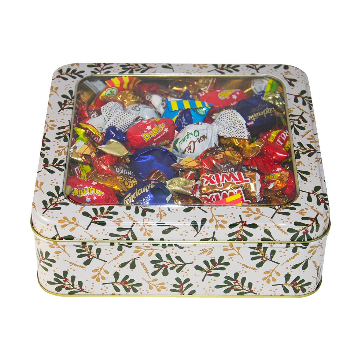 Godis plåtlåda med högtider och 700g godis, genomskinlig lock