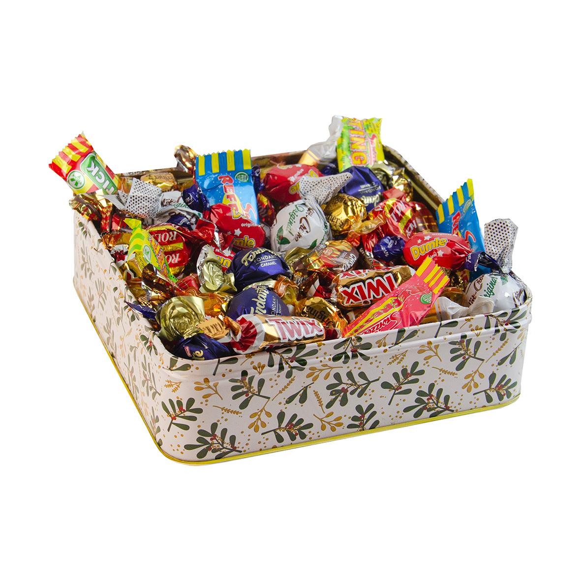 Godis i plåtlåda för högtider, 700g, med olika sorters godis i en dekorativ låda
