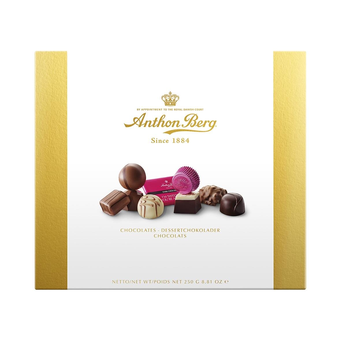 Choklad Anthon Berg Signature 460g med olika chokladpraliner i guldfärgad förpackning