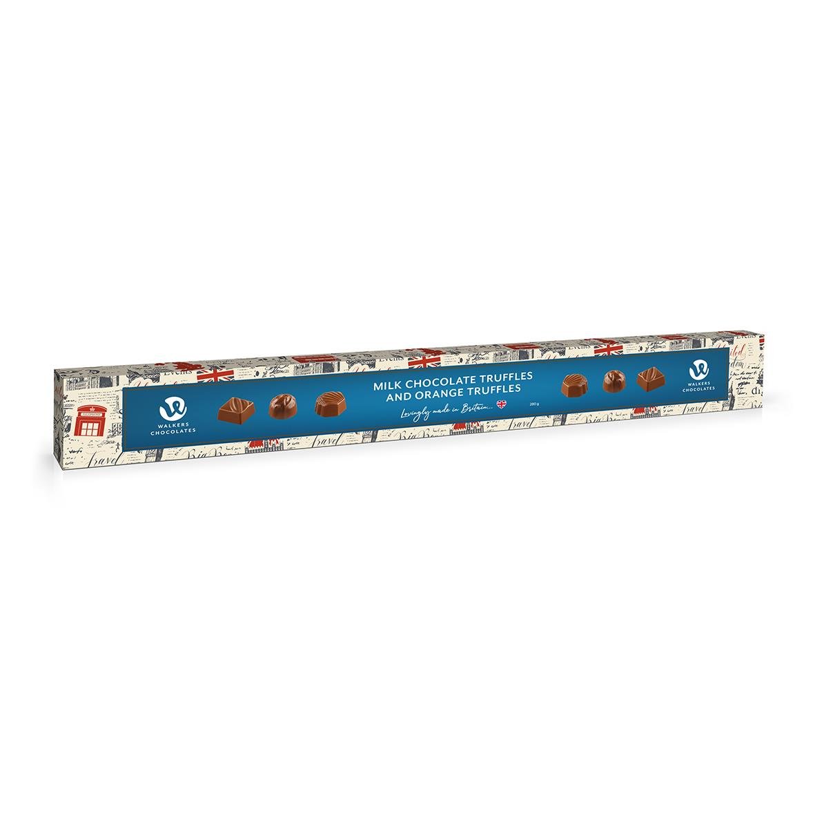 Lång låda med chokladtrufflar av mjölkchoklad och apelsin, 280g