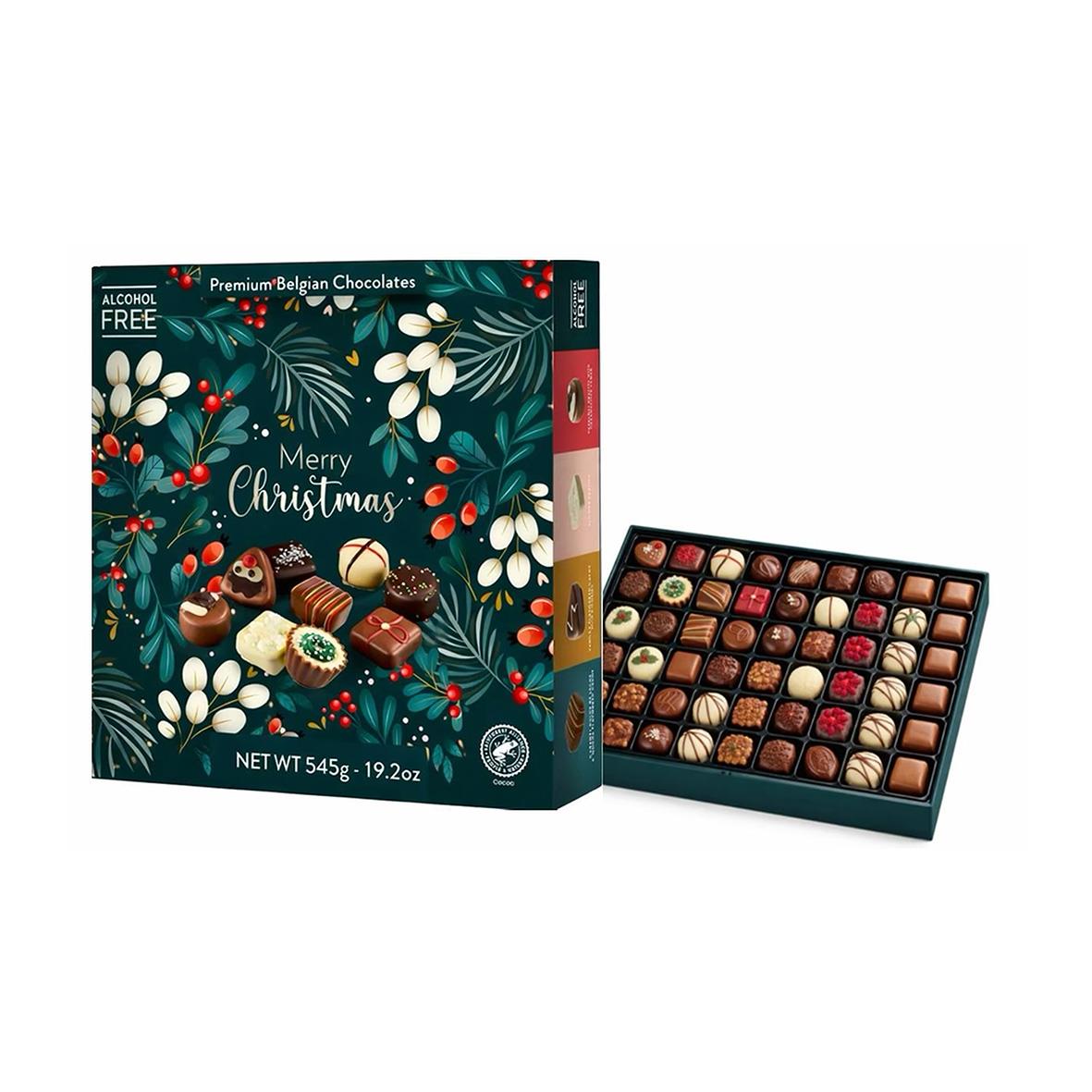 Chokladask med Merry Christmas-tema, 545g, innehåller olika praliner och chokladbitar i en presentlåda