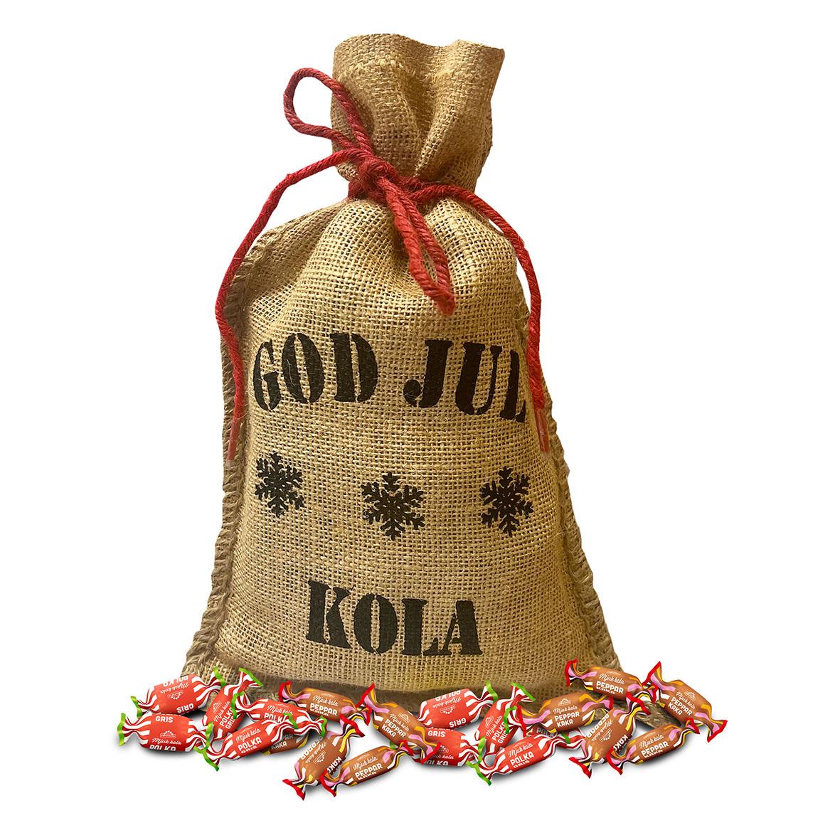 Jutesäck med julhälsning God Jul Kola 800g och godis runt om