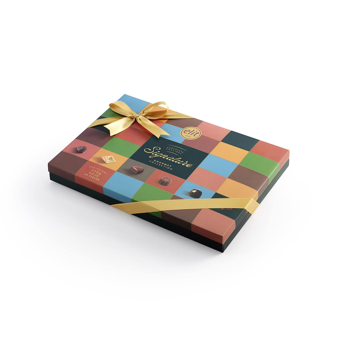 Choklad Signature praliner i presentask med guldrosett