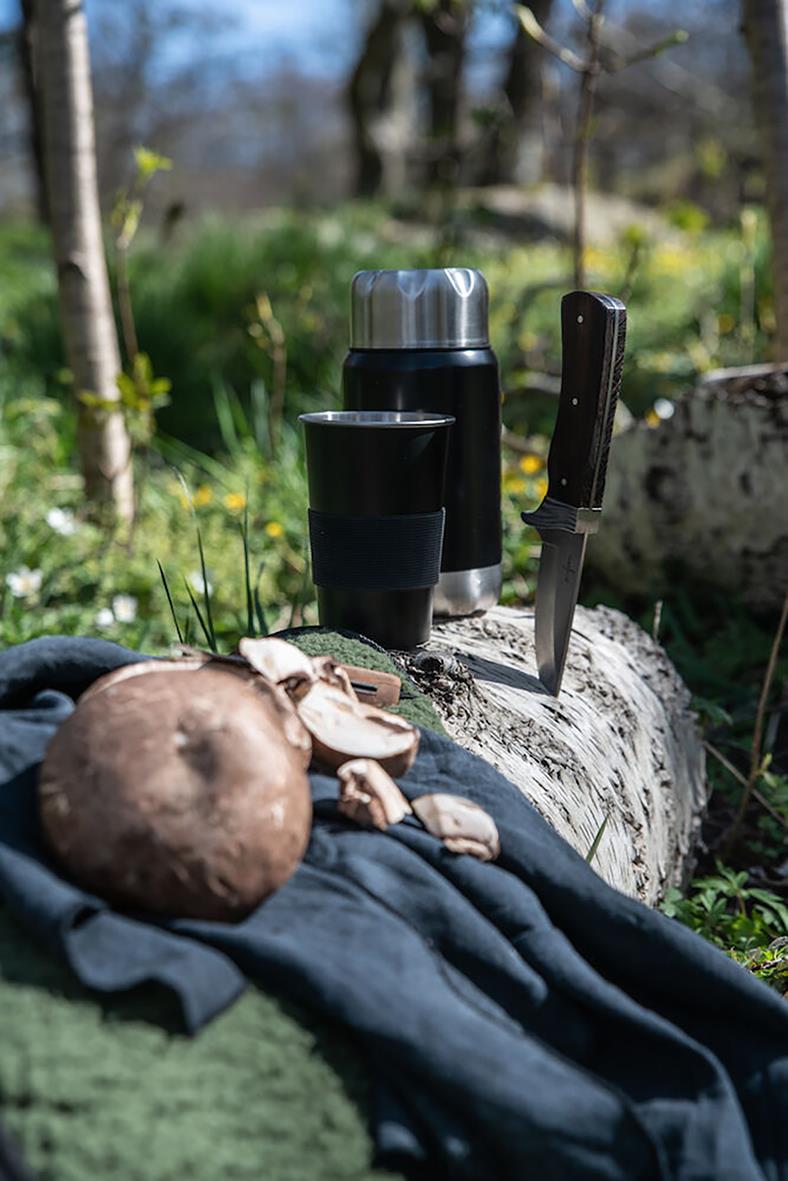 Svart termosmugg och matlåda på en stubbe i naturen, med svamp och kläder i förgrunden