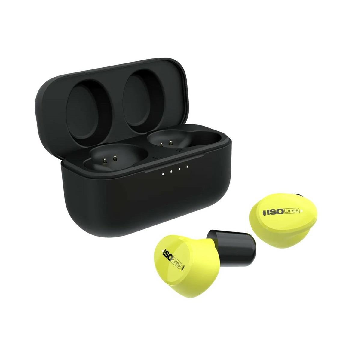 Hörselpropp ISOtunes Free Aware i svart med laddningsetui och gula öronproppar