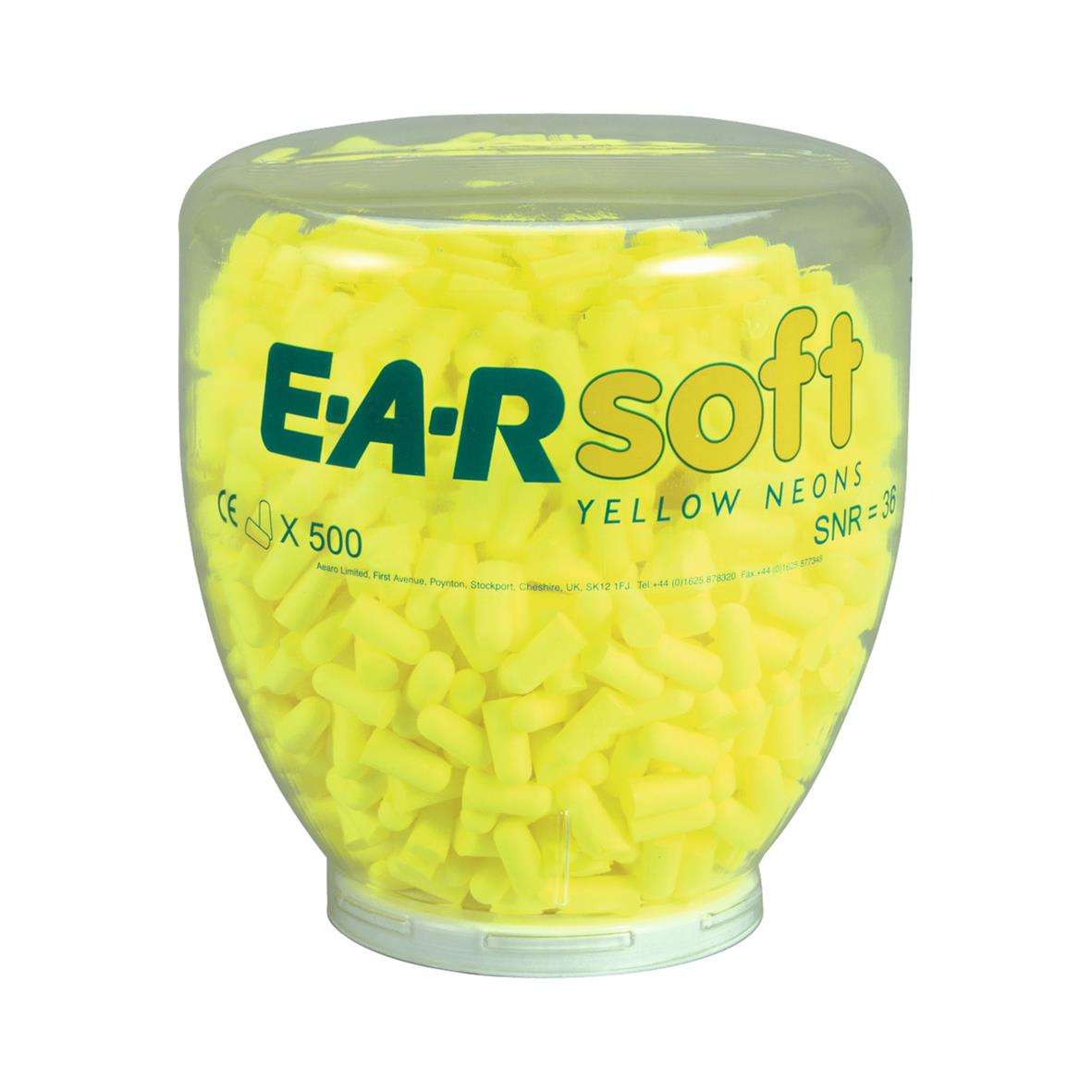 Gula hörselproppar i plastburk med etikett E-A-R soft Yellow Neons