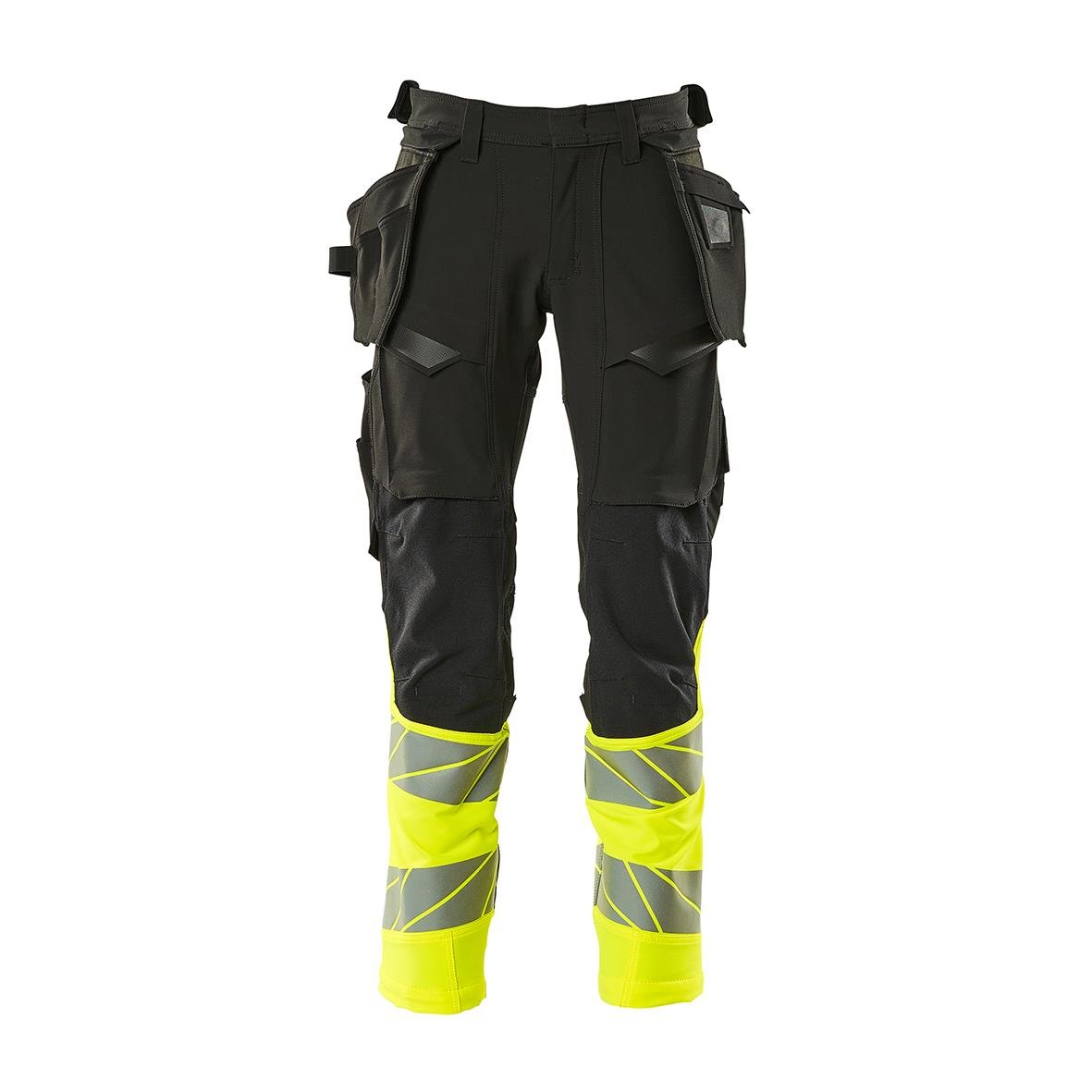 Svart hantverksbyxa med varselgult reflekterande band och flera fickor, klass 1