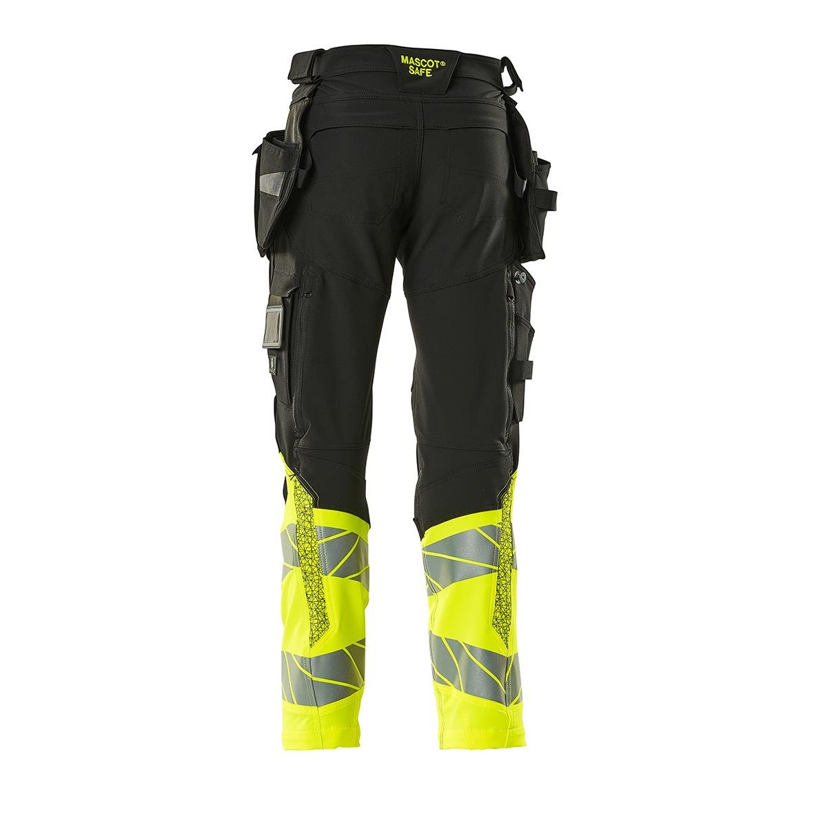 Svarta hantverksbyxor med gula reflexdetaljer och flera fickor