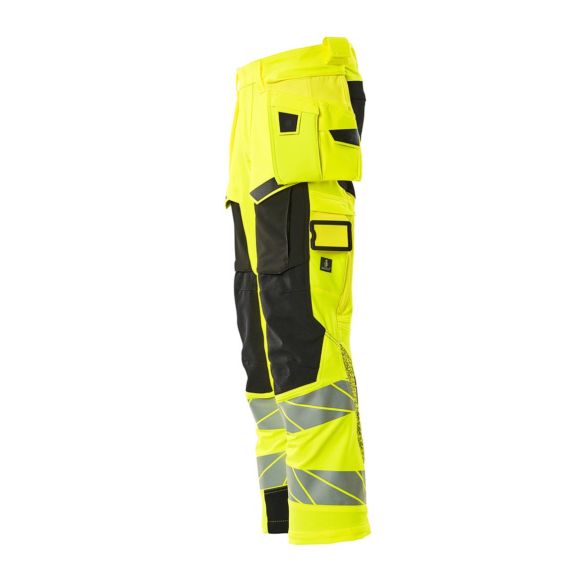 Hantverksbyxa i varselgul och svart med reflexdetaljer och flera fickor