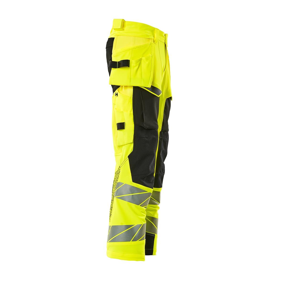 Hantverksbyxa i varselgul och svart med reflexdetaljer och flera fickor