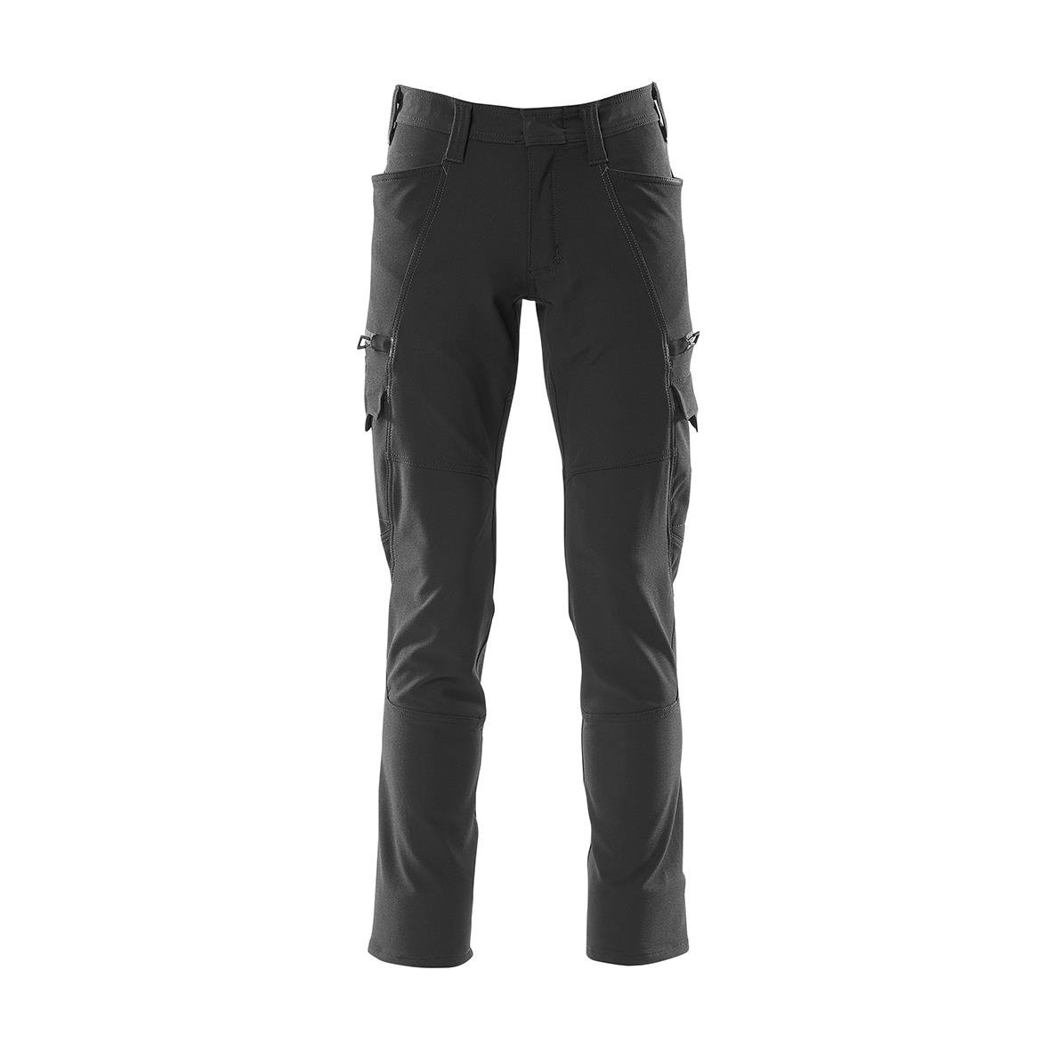 Svarta stretchbyxor med fickor och dragkedjor, avsedda för arbete eller fritid