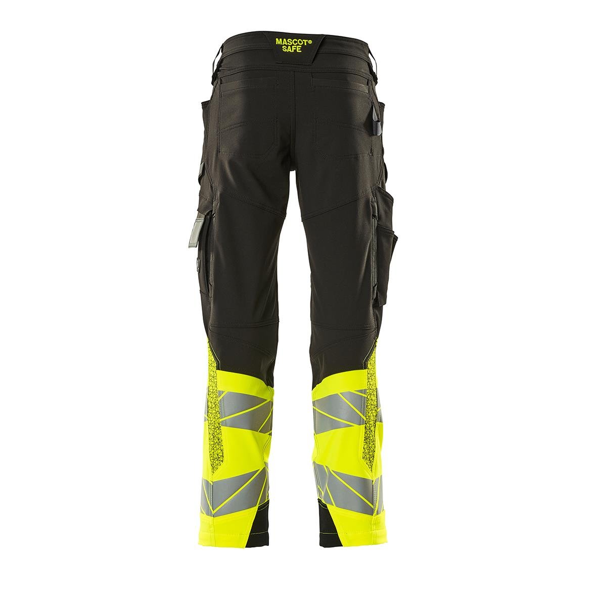 Svarta arbetsbyxor med gula reflexdetaljer och flera fickor, stretchmaterial, märkta Mascot Safe