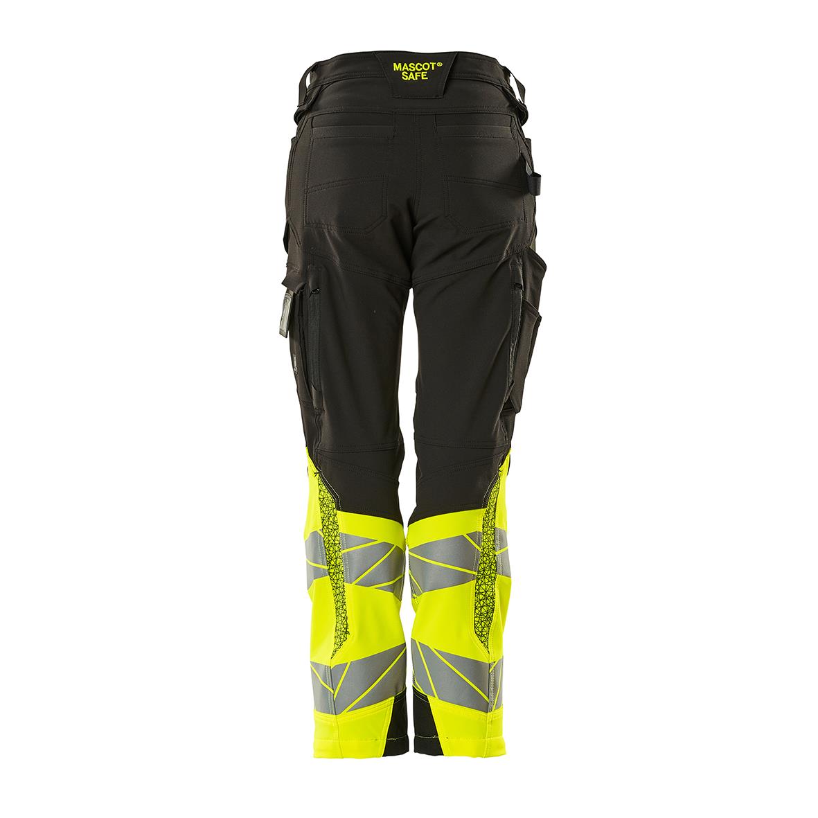 Svarta arbetsbyxor med höga synliga gula och grå reflekterande detaljer, stretchmaterial och flera fickor