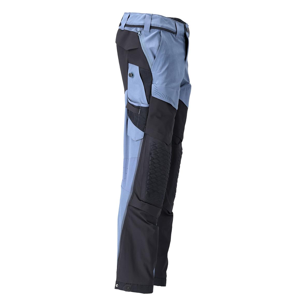 Mörkblå och ljusblå arbetsbyxa med flera fickor och förstärkningar