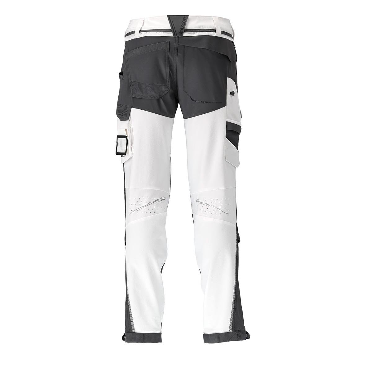 Vit och stengrå arbetsbyxa med flera fickor och justerbara detaljer