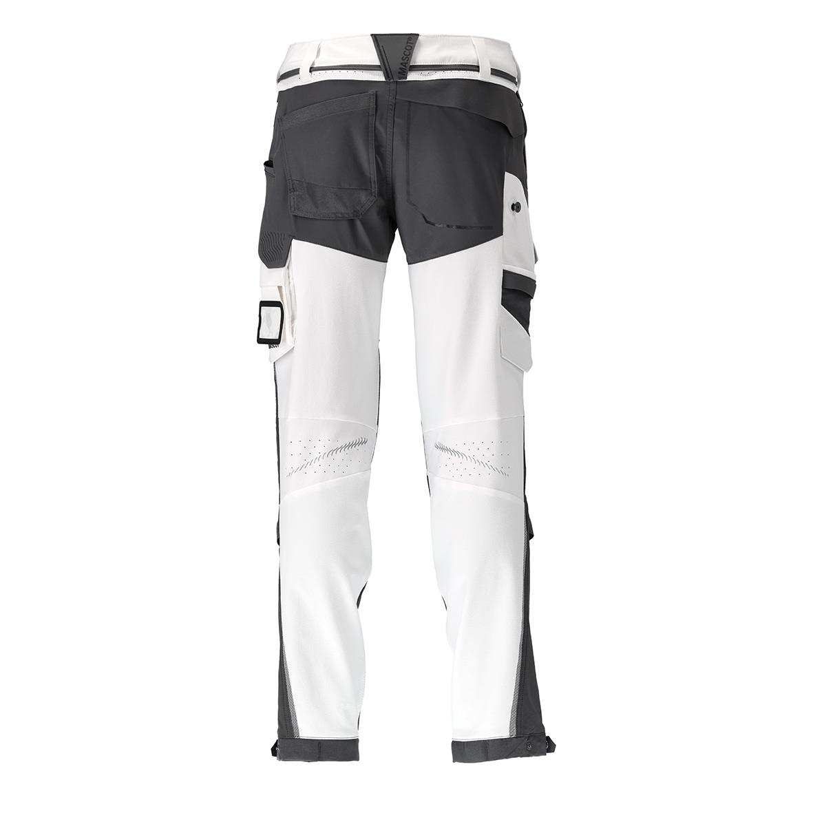 Vit och stengrå arbetsbyxa med flera fickor och justerbara detaljer