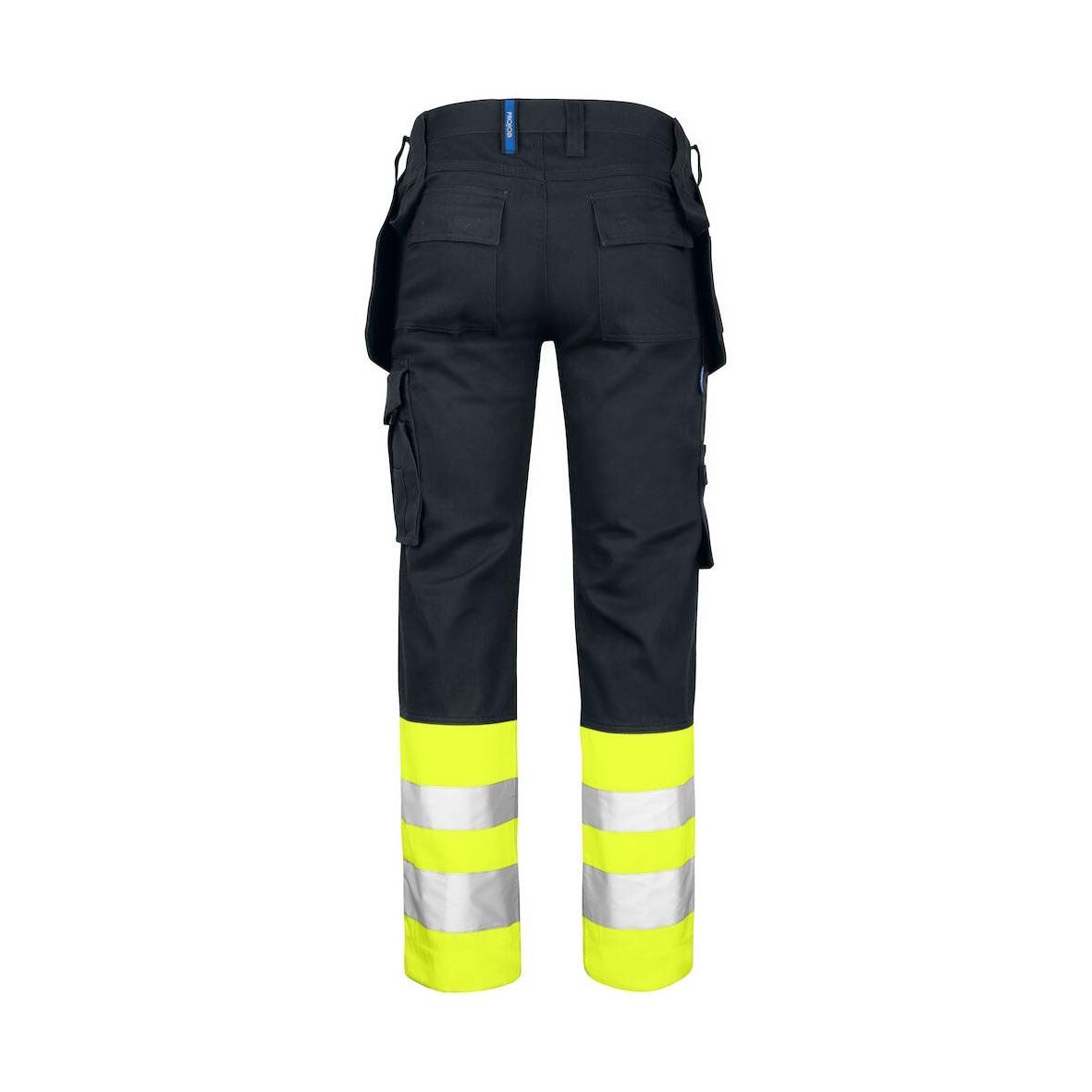 Klass 1 varselgula och svarta arbetsbyxor med reflexremsor på benen