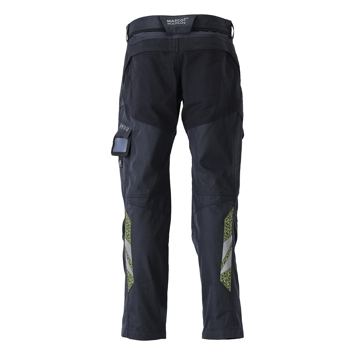 Mörk marinfärgad arbetsbyxa med varselgula detaljer och reflexer, robust design för säkerhet och komfort
