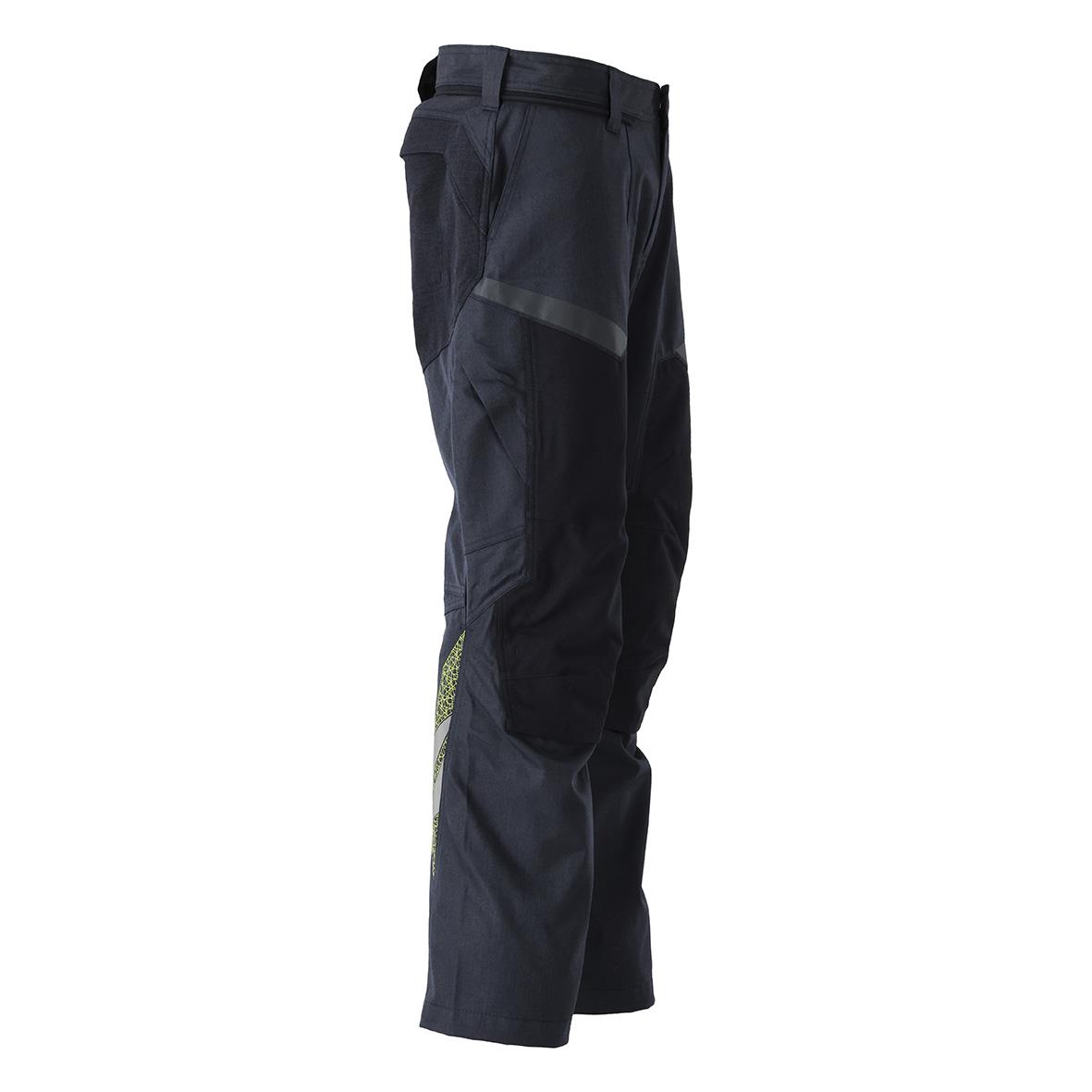 Mörk marinfärgad arbetsbyxa med varselgult detaljer och reflexer