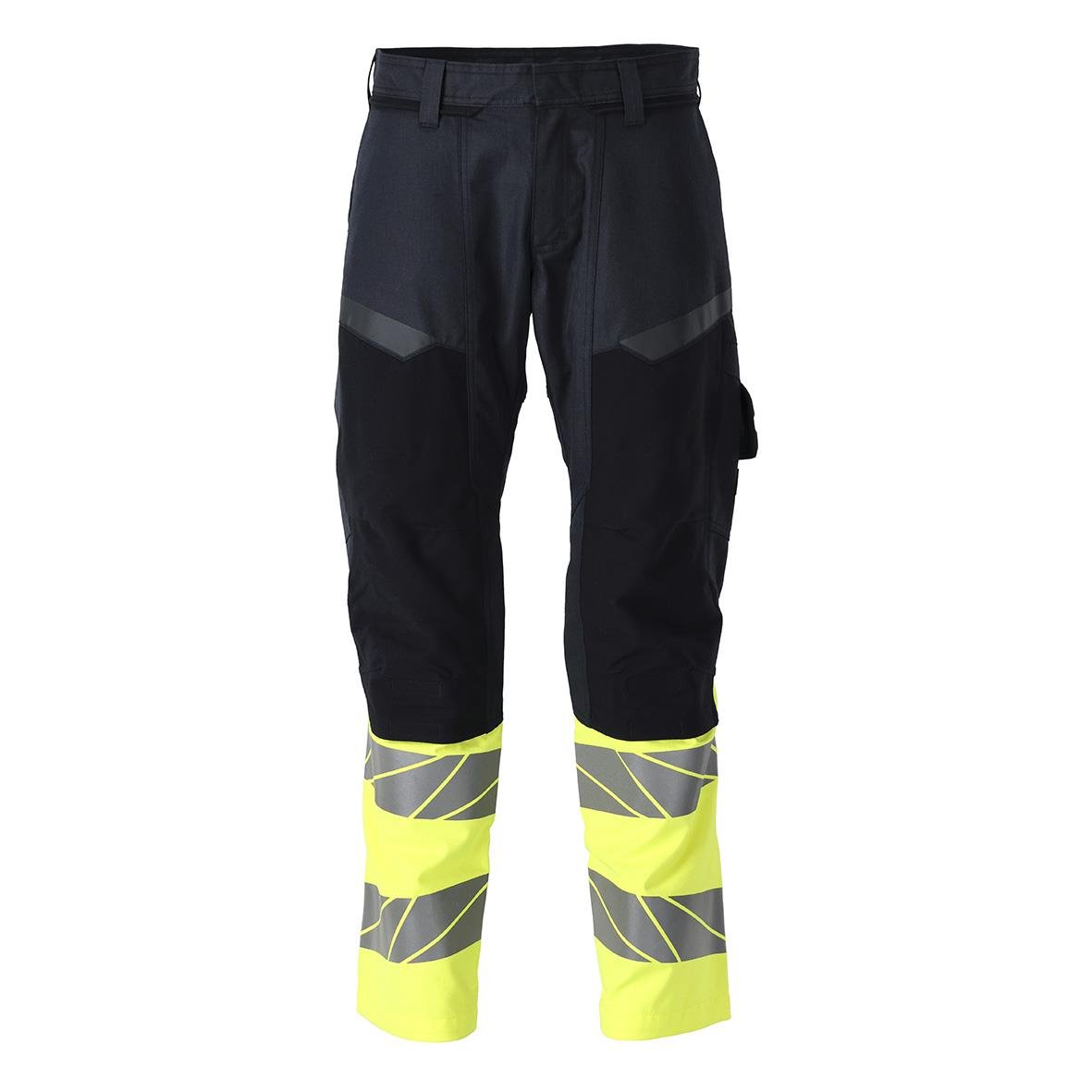 Mörk marin arbetsbyxa med varselgult och reflekterande band