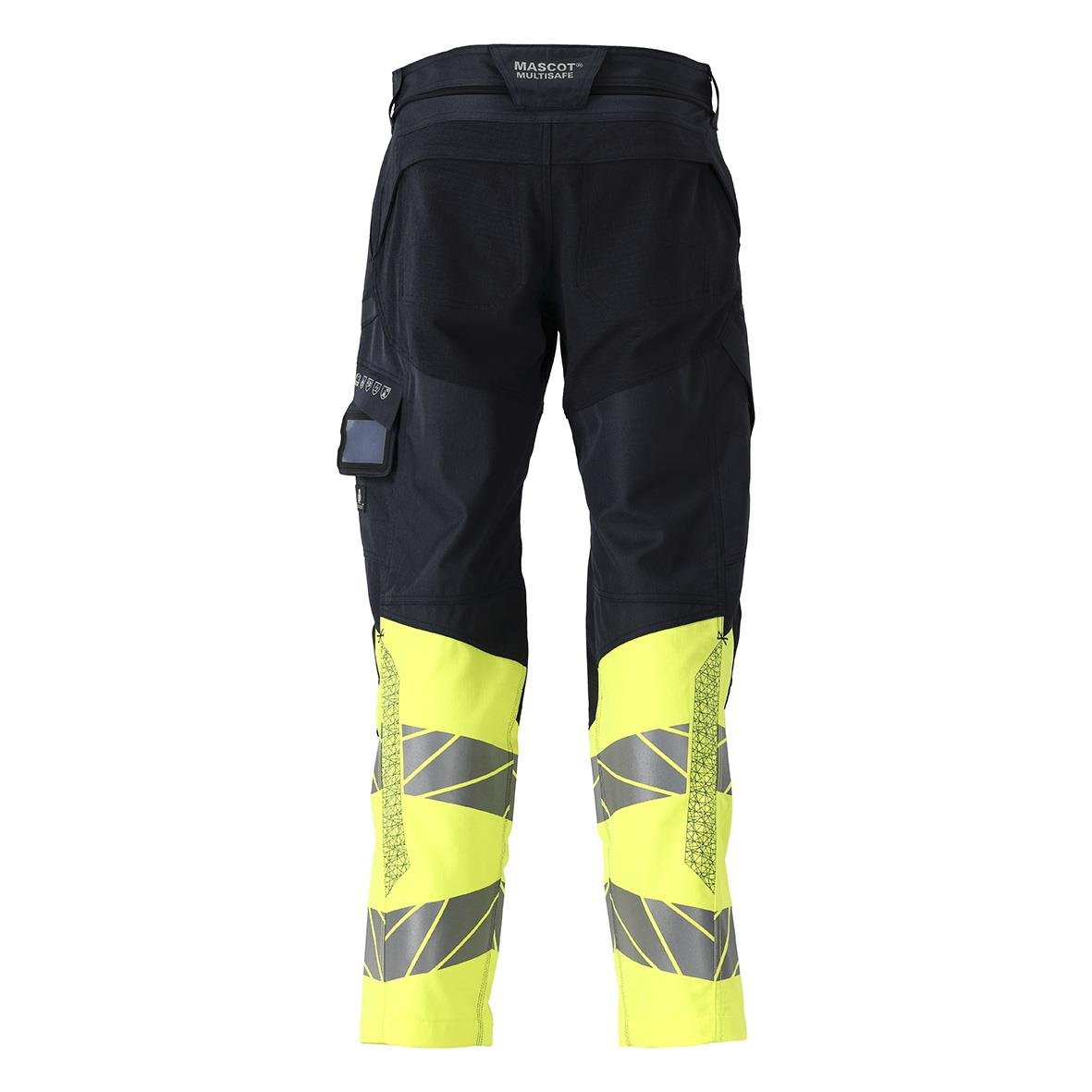 Mörk marin och varselgul arbetsbyxa med reflexremsor och ficka på vänster ben