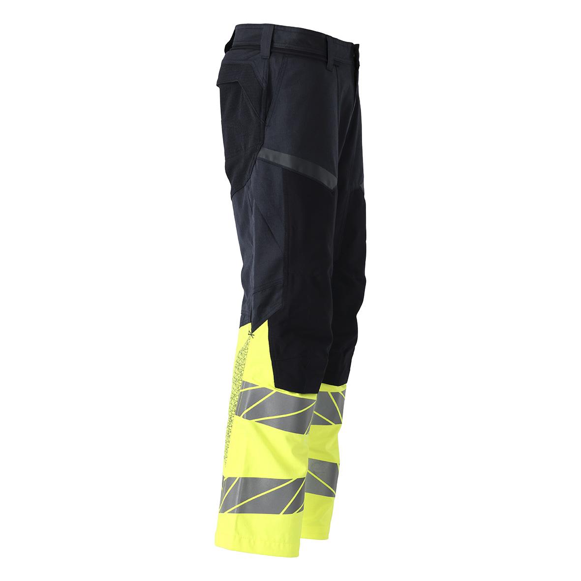 Mörk marin och varselgul arbetsbyxa med reflekterande band