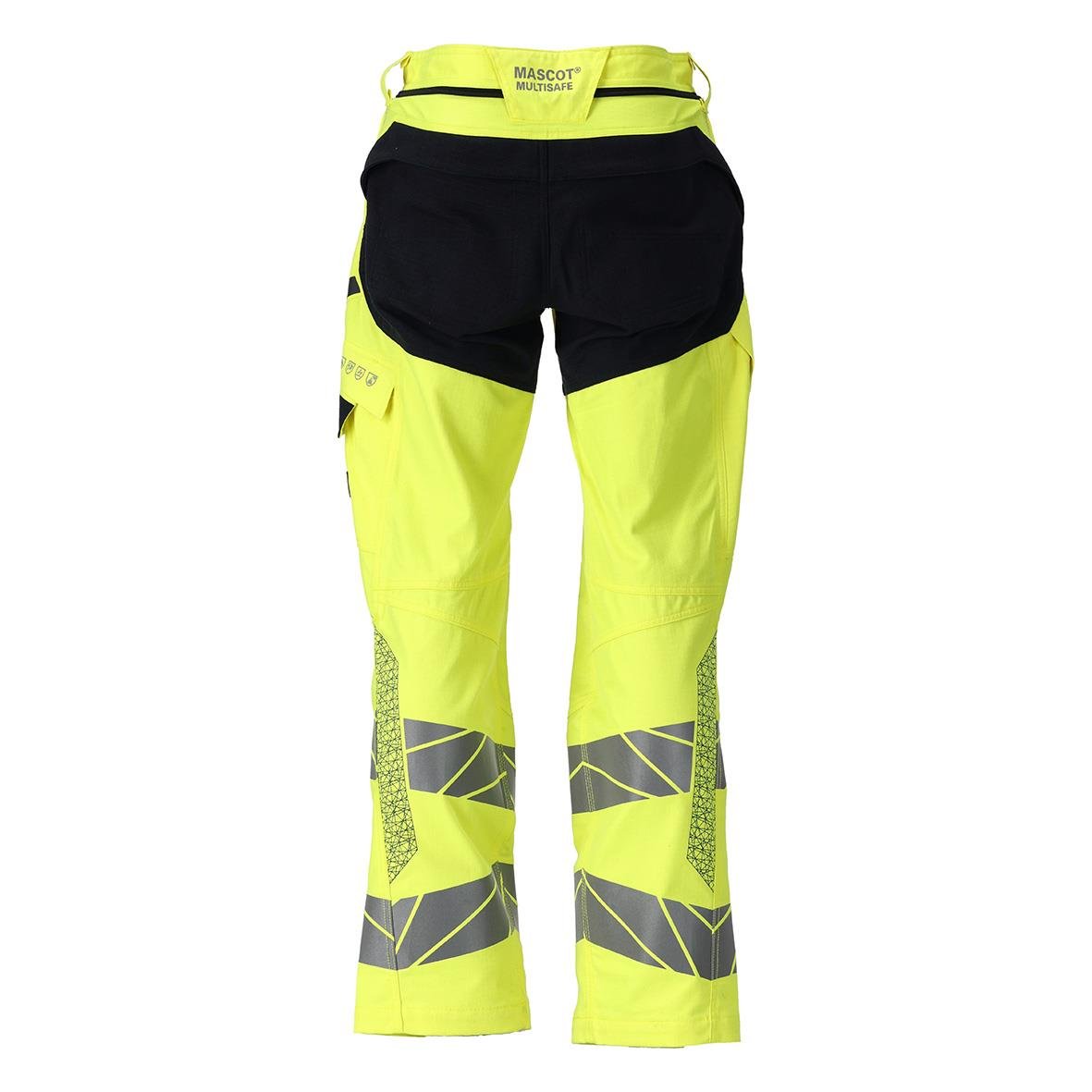 Reflekterande arbetsbyxa i varselgul och mörk marin med svarta detaljer och reflexremsor