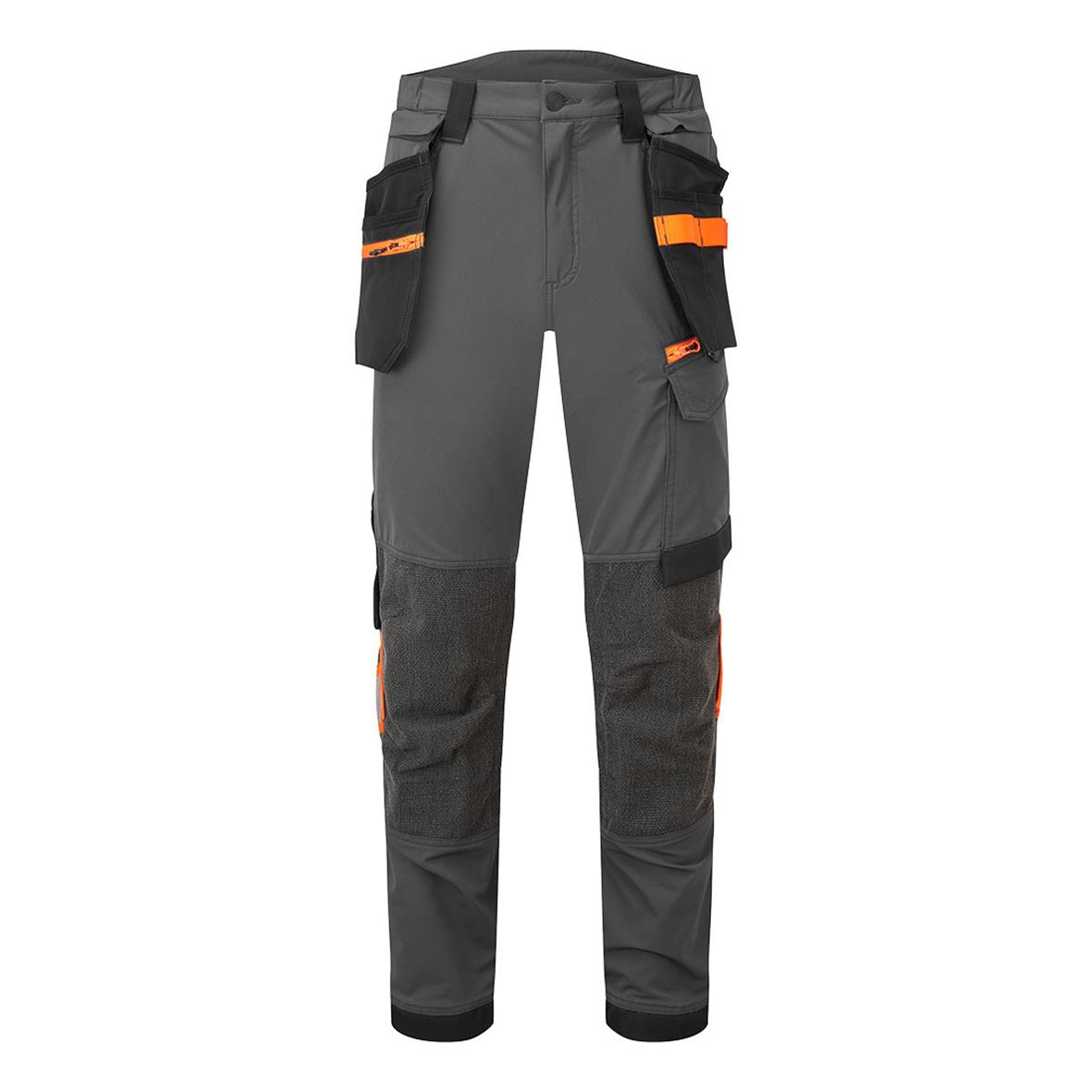 Hantverkarbyxa Portwest EV440 4-vägsstretch, kort, grå, med fickor och orange detaljer