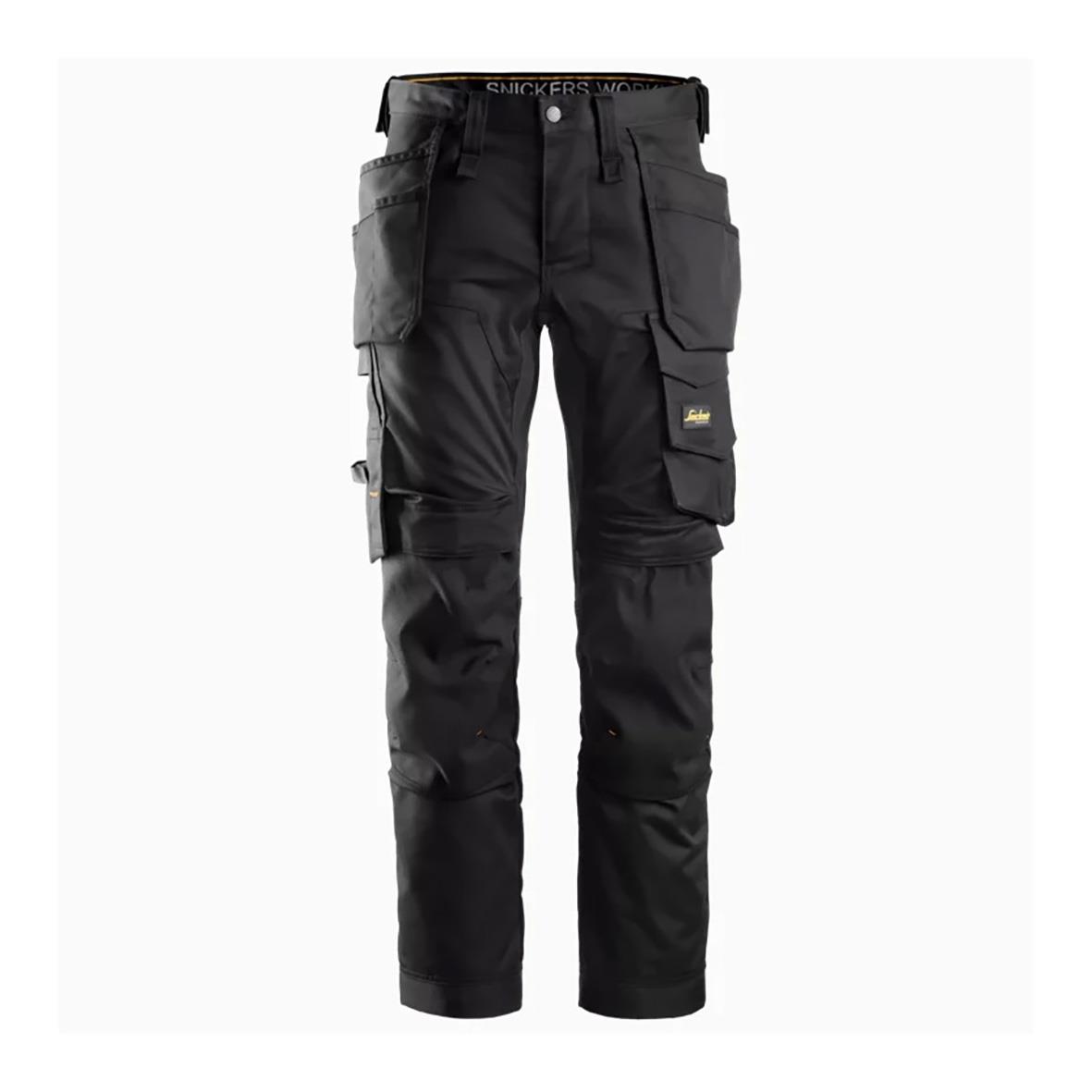 Svarta stretch arbetsbyxor med flera fickor och knappar, modell Snickers 6241