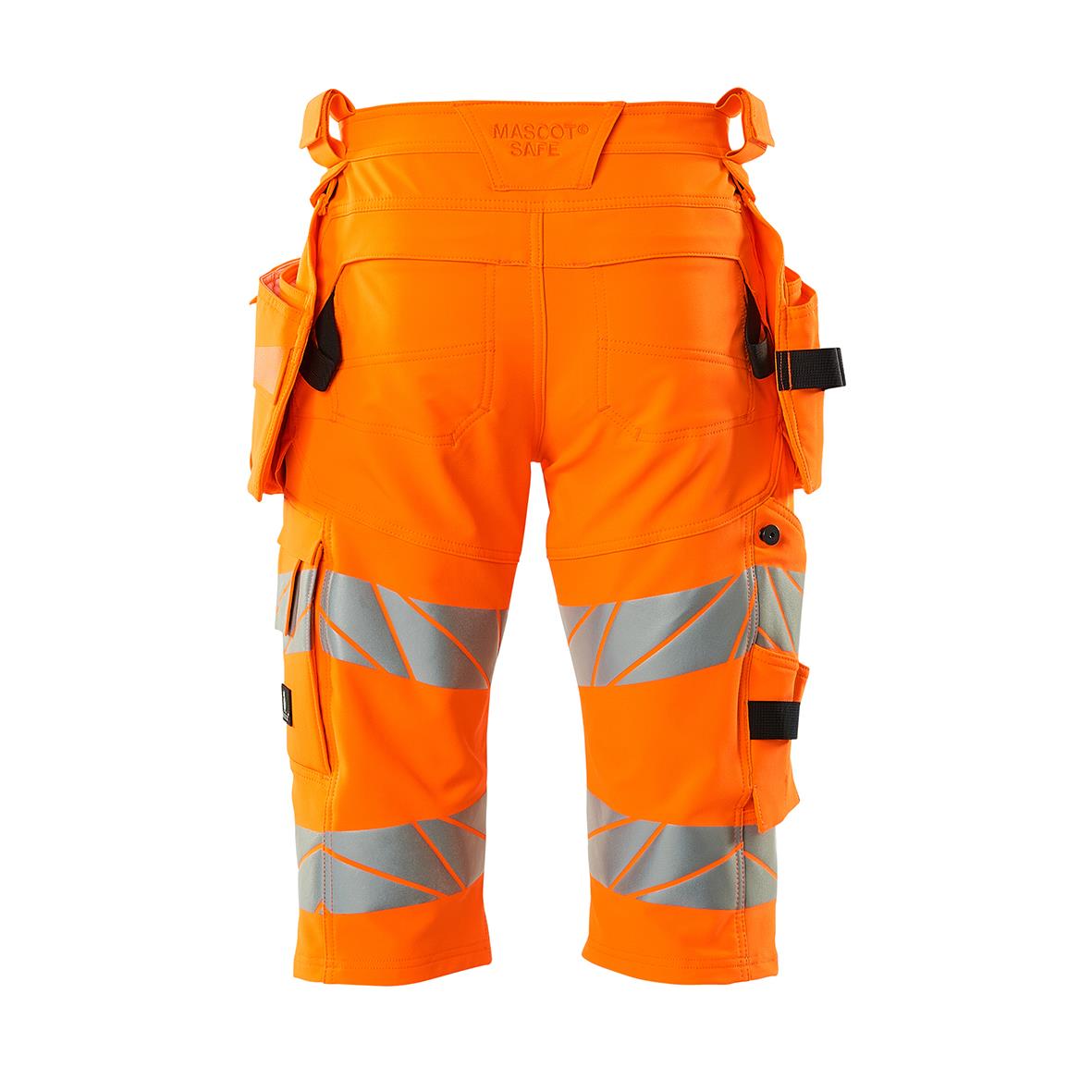 Långa orange varselshorts med reflexdetaljer och fickor, säkerhetsutrustning för arbetsmiljö