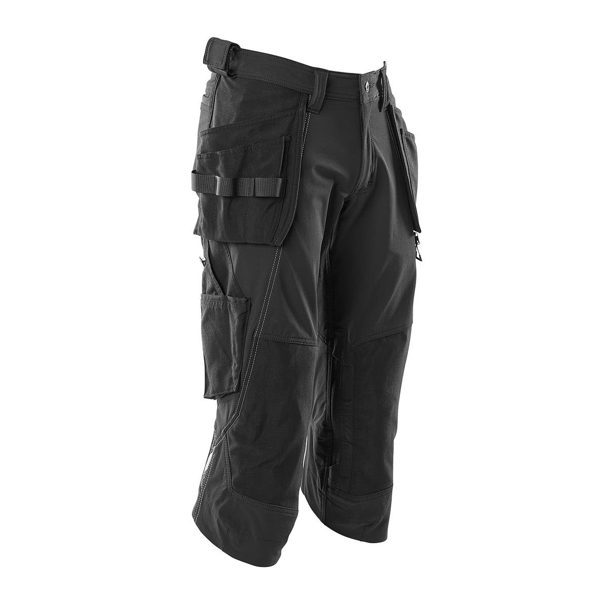 Svarta piratbyxor i knä- till längd med flera fickor och justerbar midja