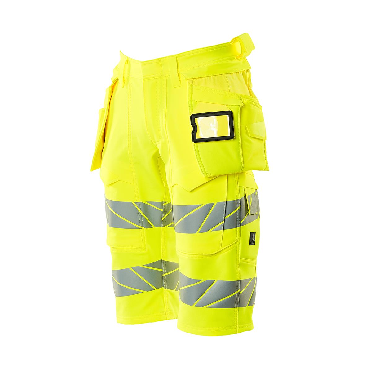 Långa varselgula shorts med reflexband och ficka