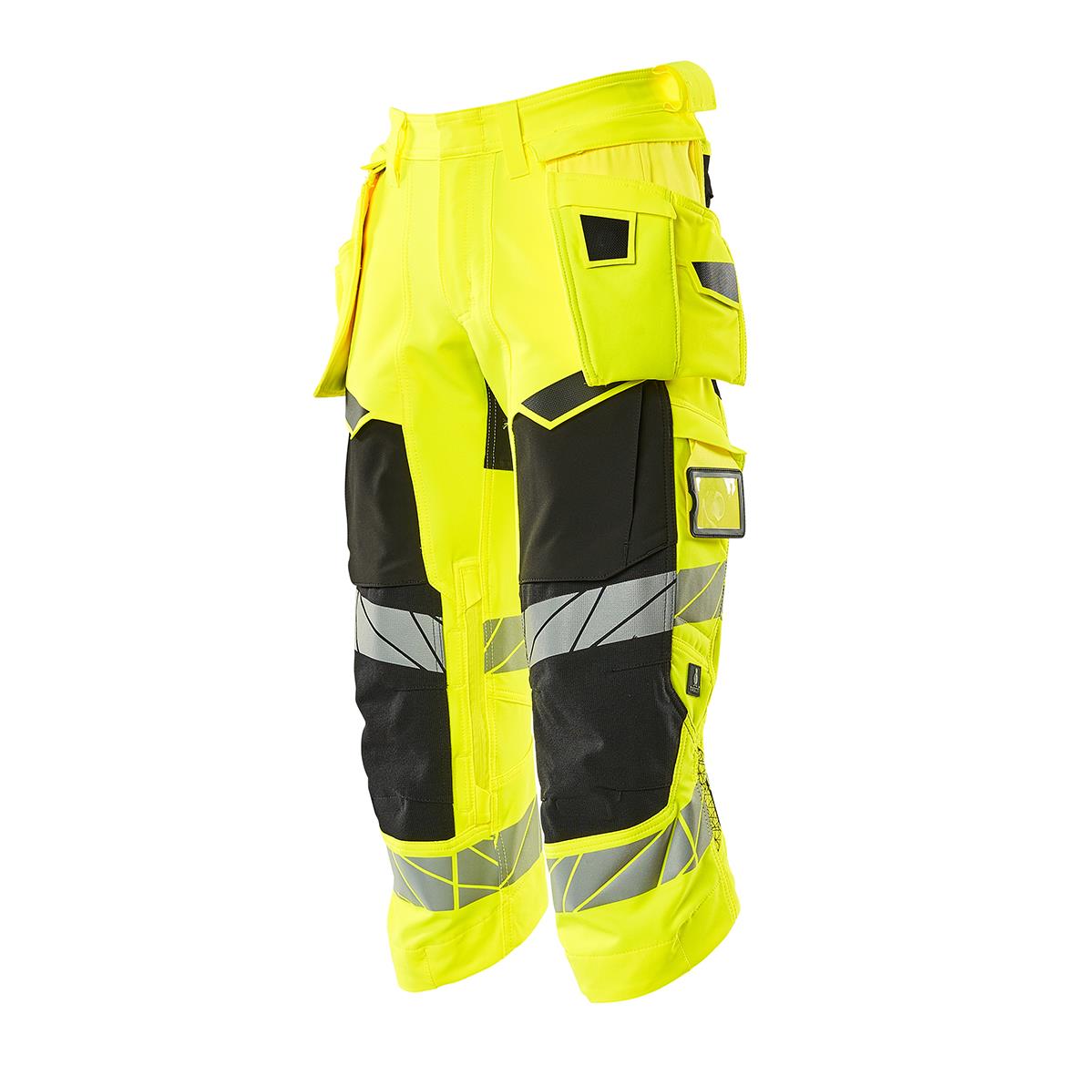Höga synliga varselgula arbetsbyxor med svarta och grå detaljer, fickor och reflexer