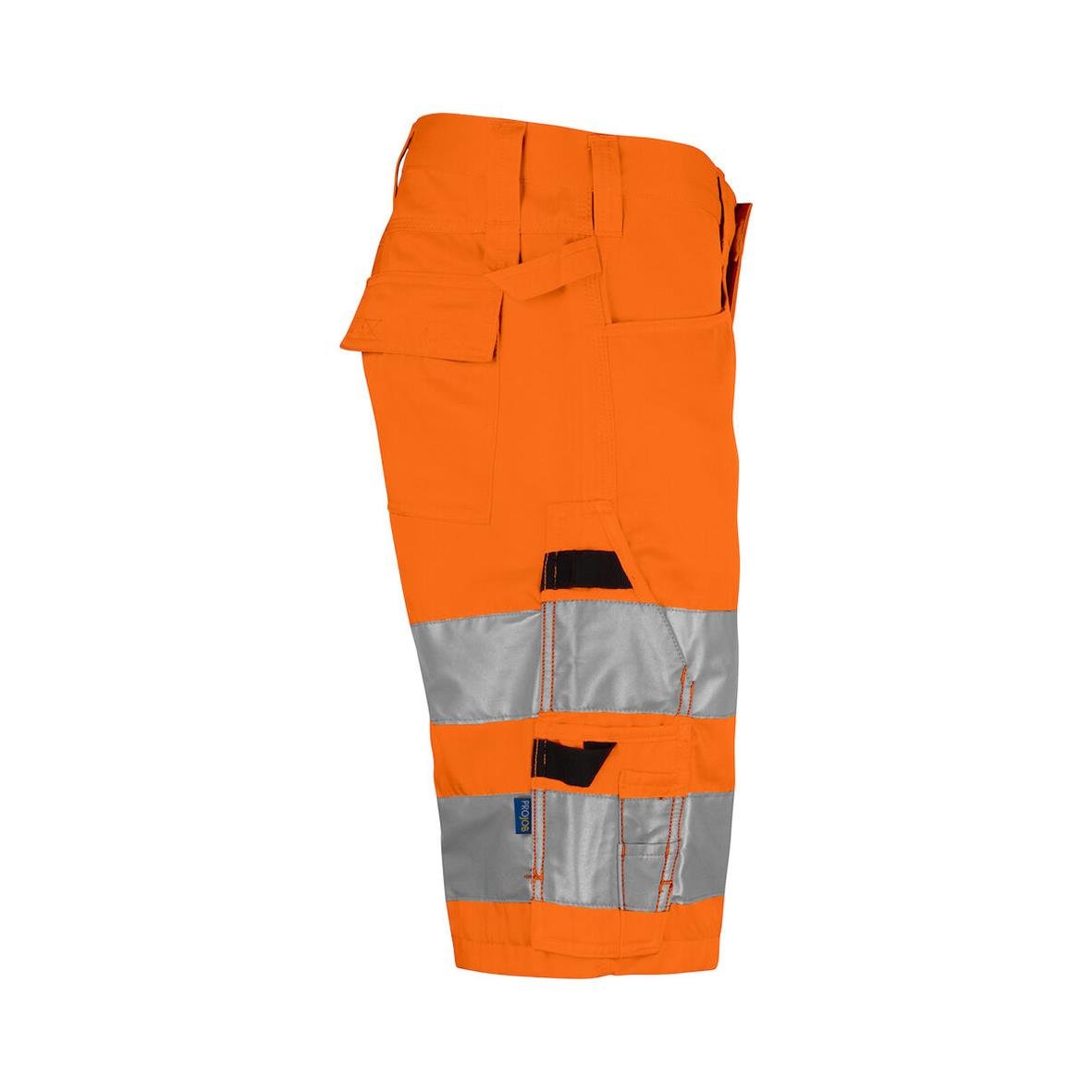 Orange och svart arbetsshorts med reflexremsor och flera fickor