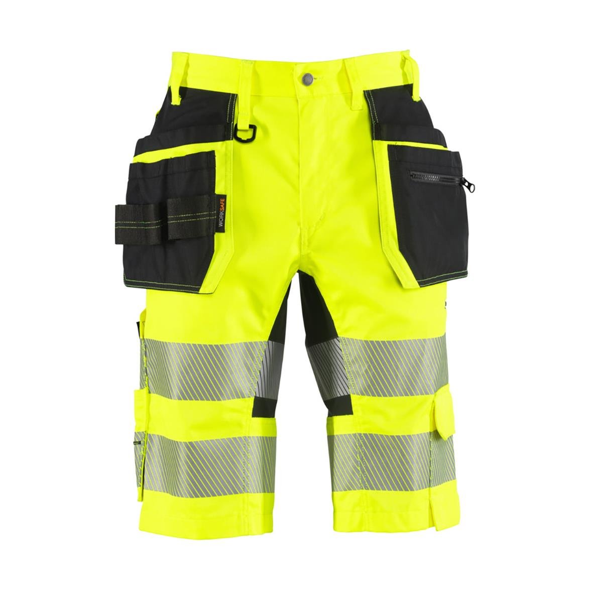 Hantverksshorts i varselgul och svart med reflexer och flera fickor för arbetsbruk