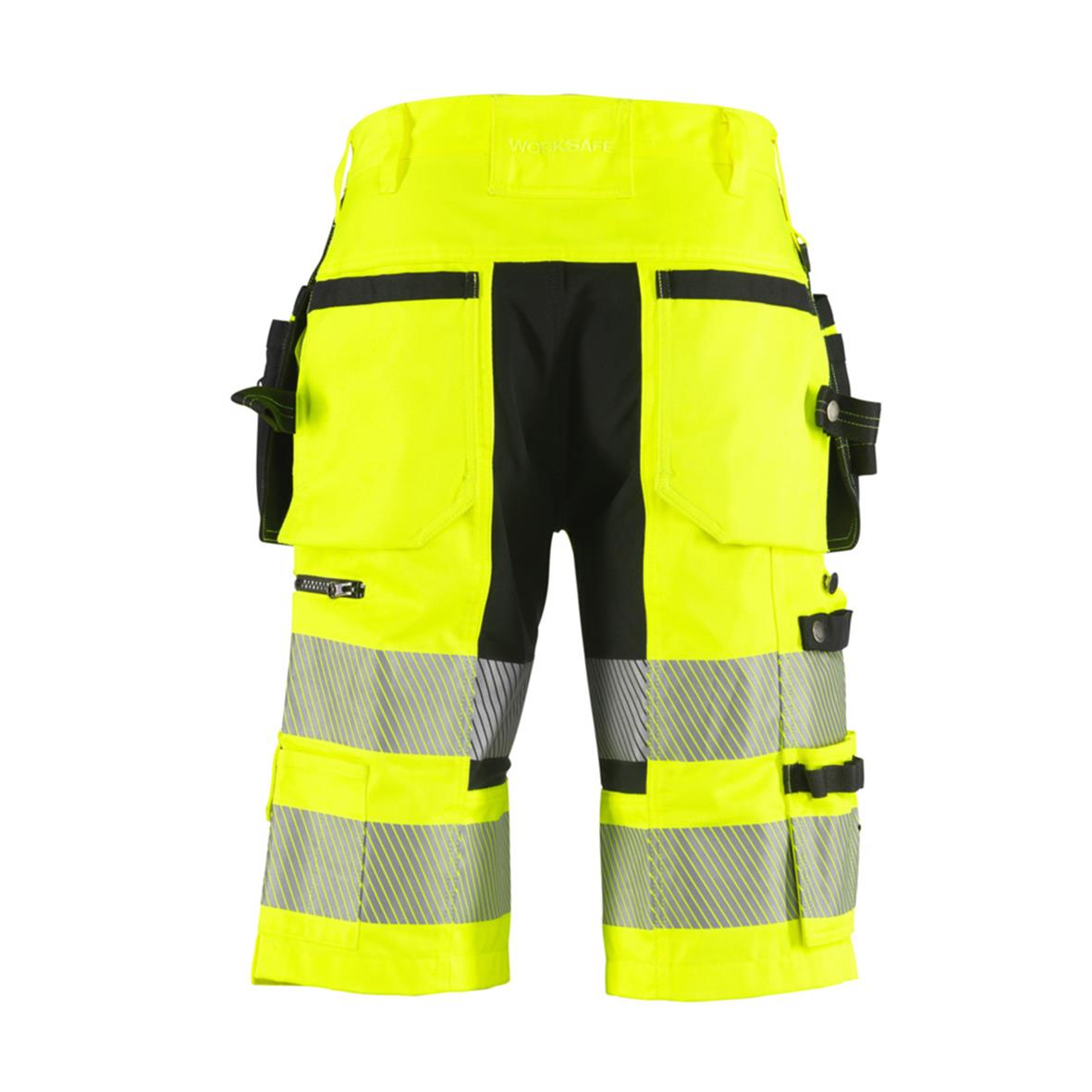 Hantverksshorts i varselgul och svart med reflexer och fickor för arbetsbruk