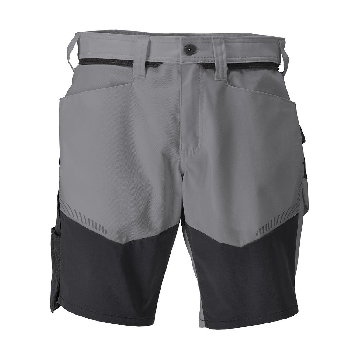 Grå och svart shorts med justerbar midja och fickor, anpassade för sport eller fritid