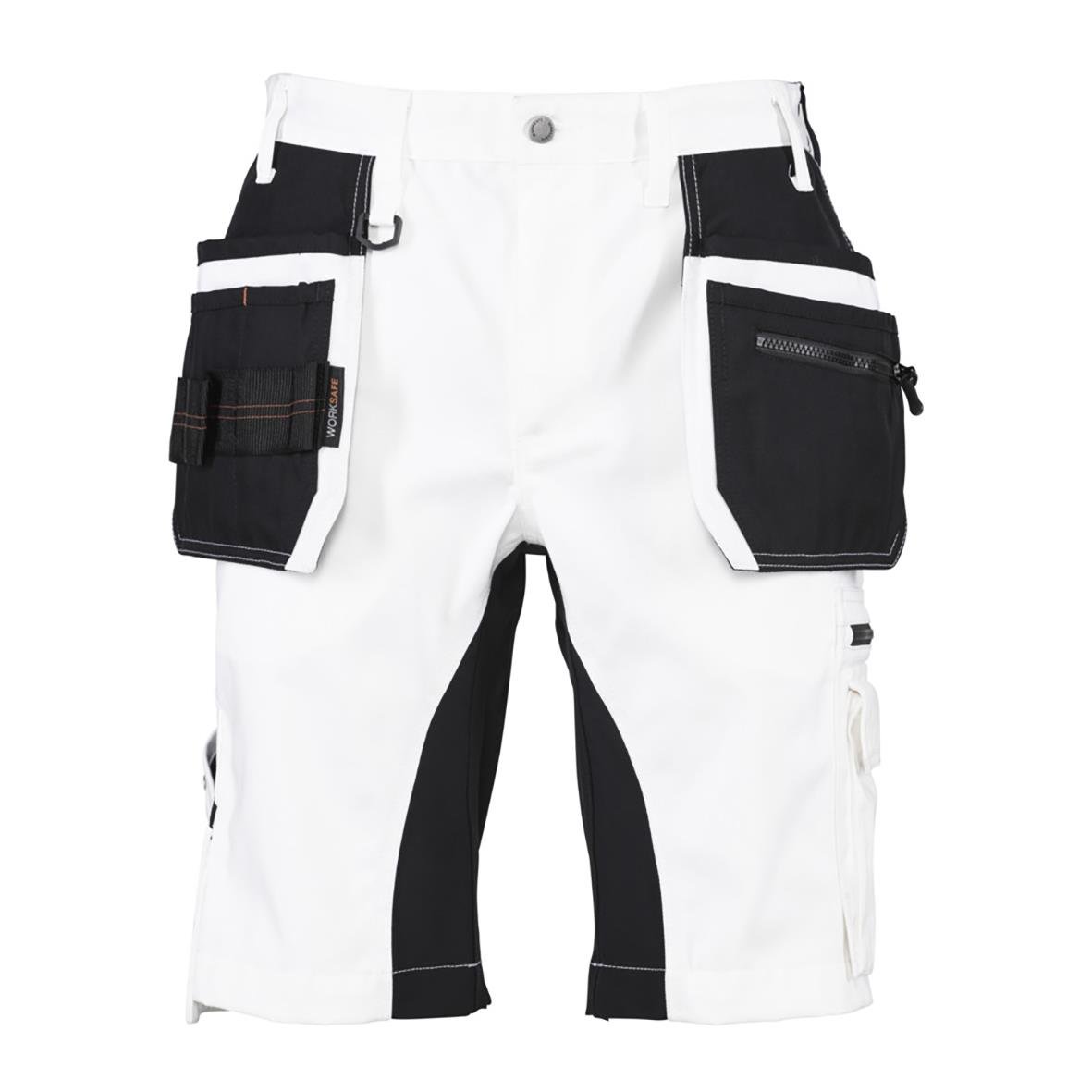 Vit och svart hantverksshorts med flera fickor och verktygsfästen