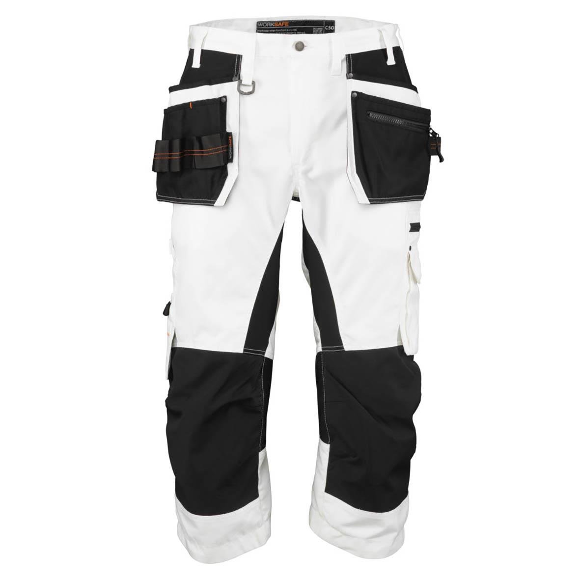 Vita och svarta arbetsbyxor med flera fickor och knäskyddslappar