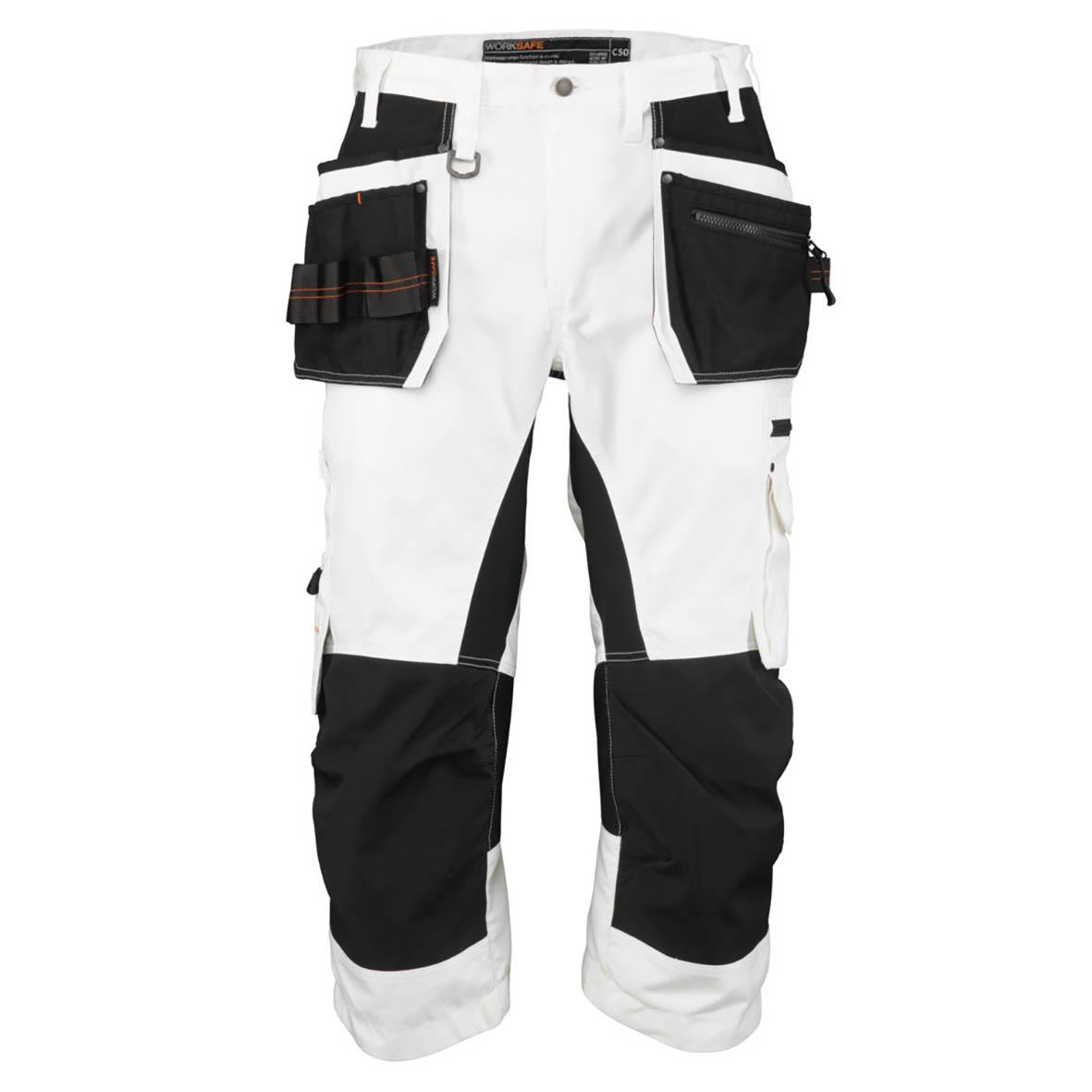 Vita och svarta arbetsbyxor med flera fickor och knäskyddsförstärkningar