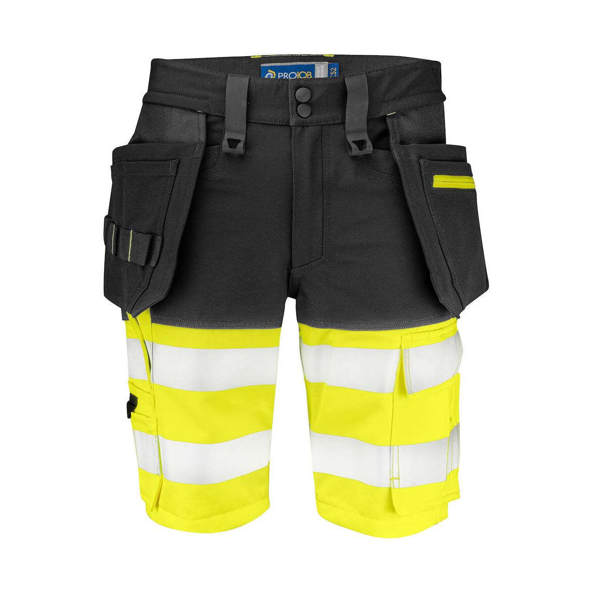 Svarta hantverksshorts med gula och vita reflexremsor och fickor för proffs