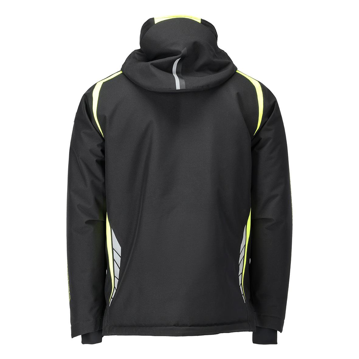 Vinterjacka i svart med varselgula detaljer och huva, storlek 2XL