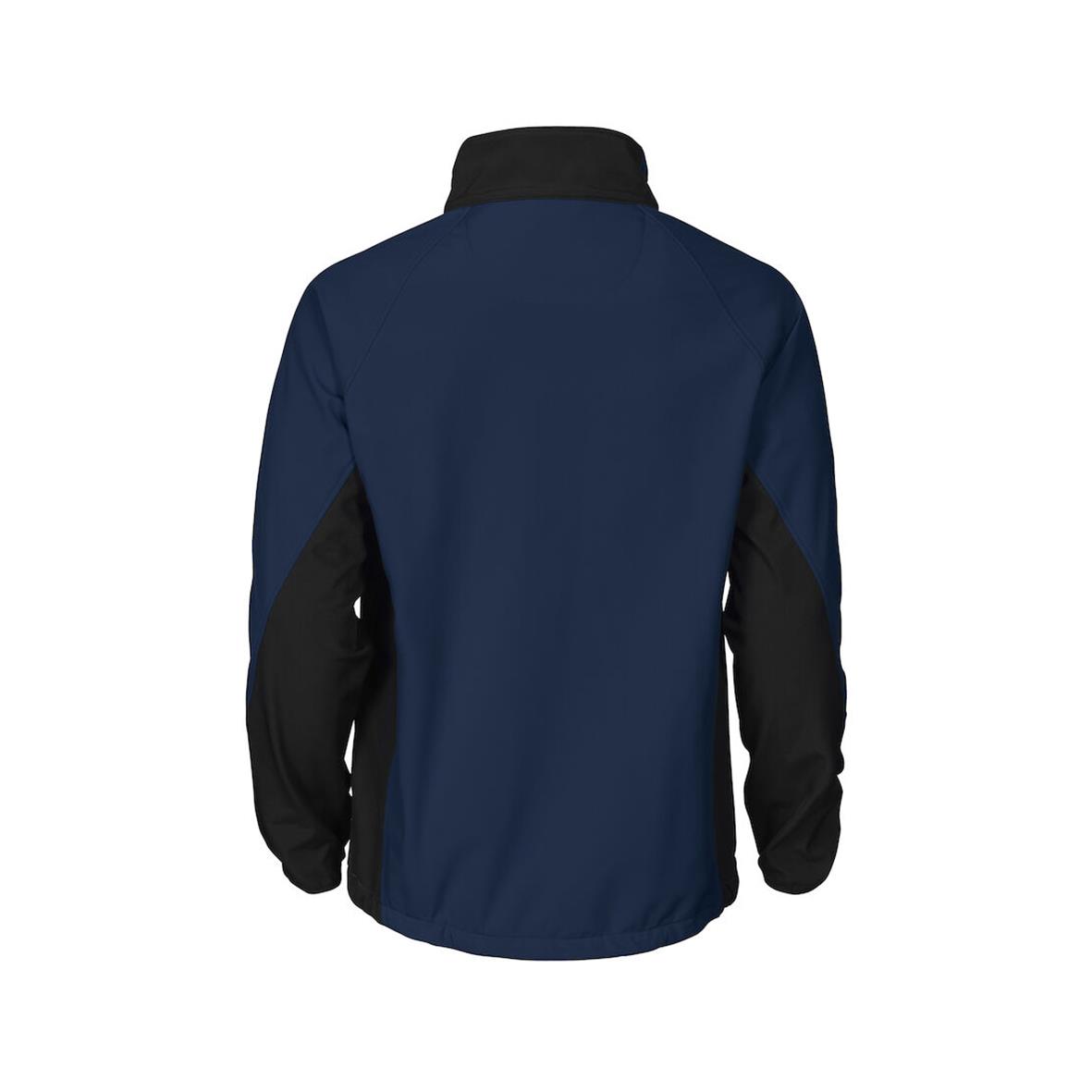 Marinblå softshelljacka med svarta ärmar och hög krage